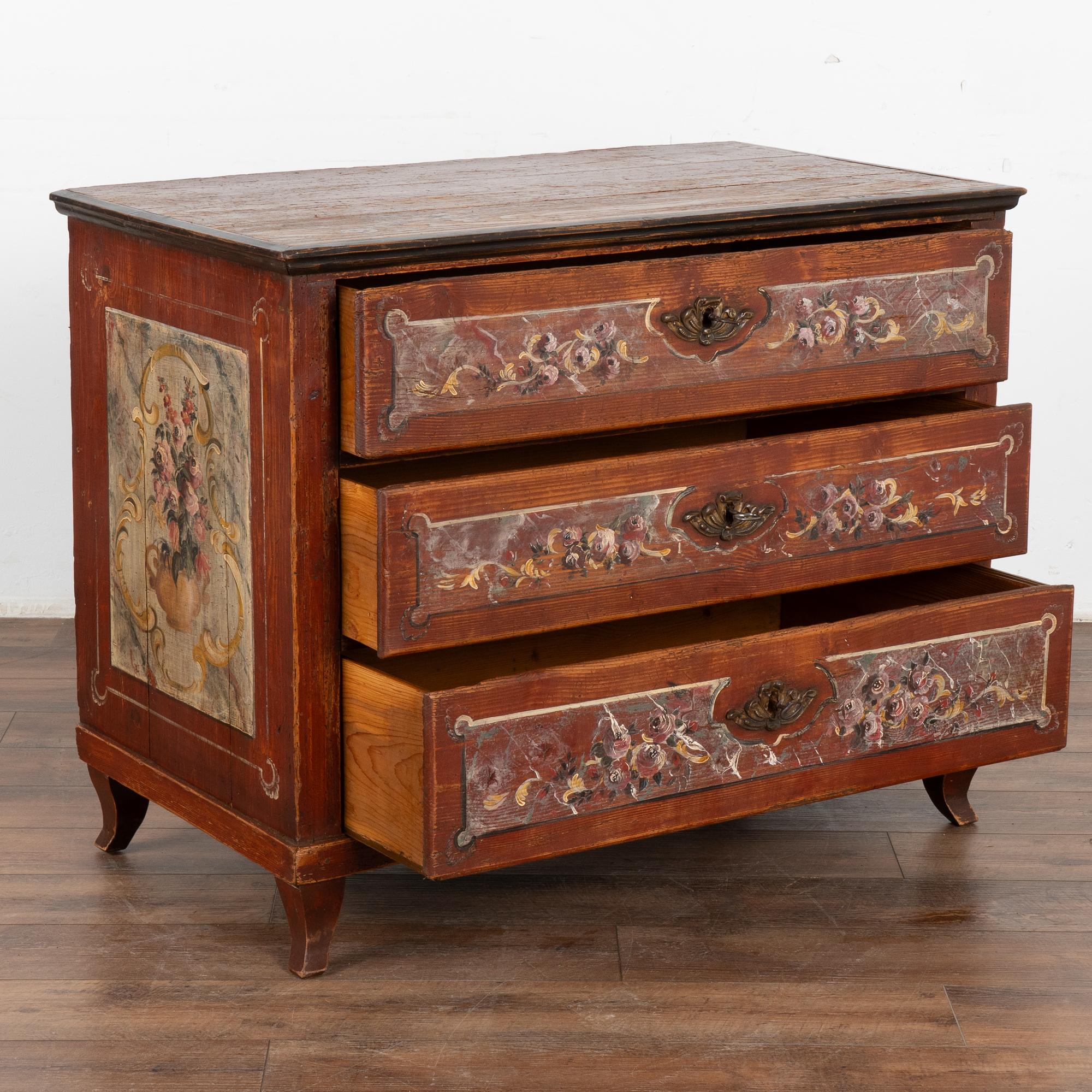 Arte popolare Comò a tre cassetti originale dipinto in arte popolare, Ungheria, 1850-70 circa in vendita
