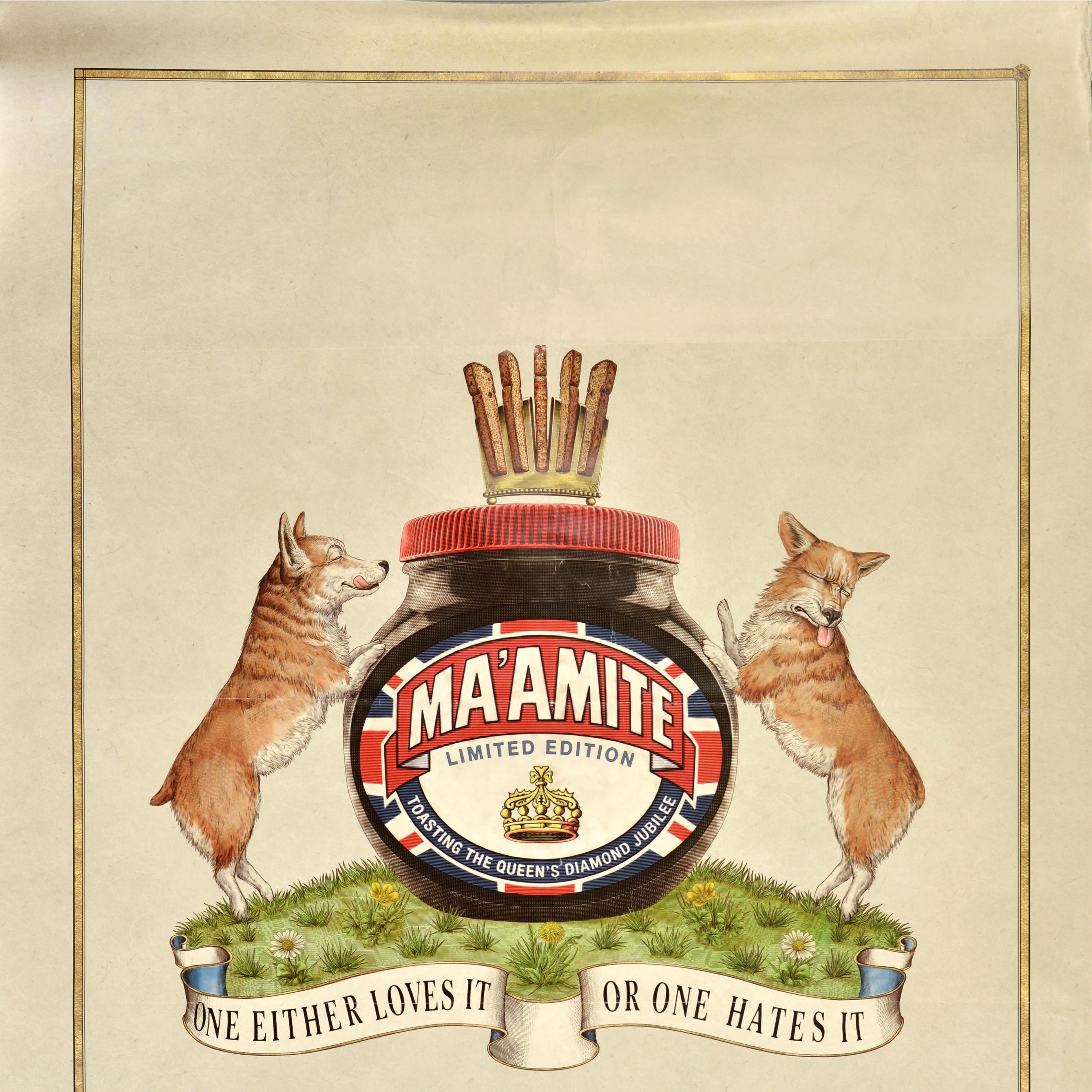 Britannico Poster pubblicitario alimentare originale Maamite Marmite Queens Diamond Jubilee Corgi in vendita