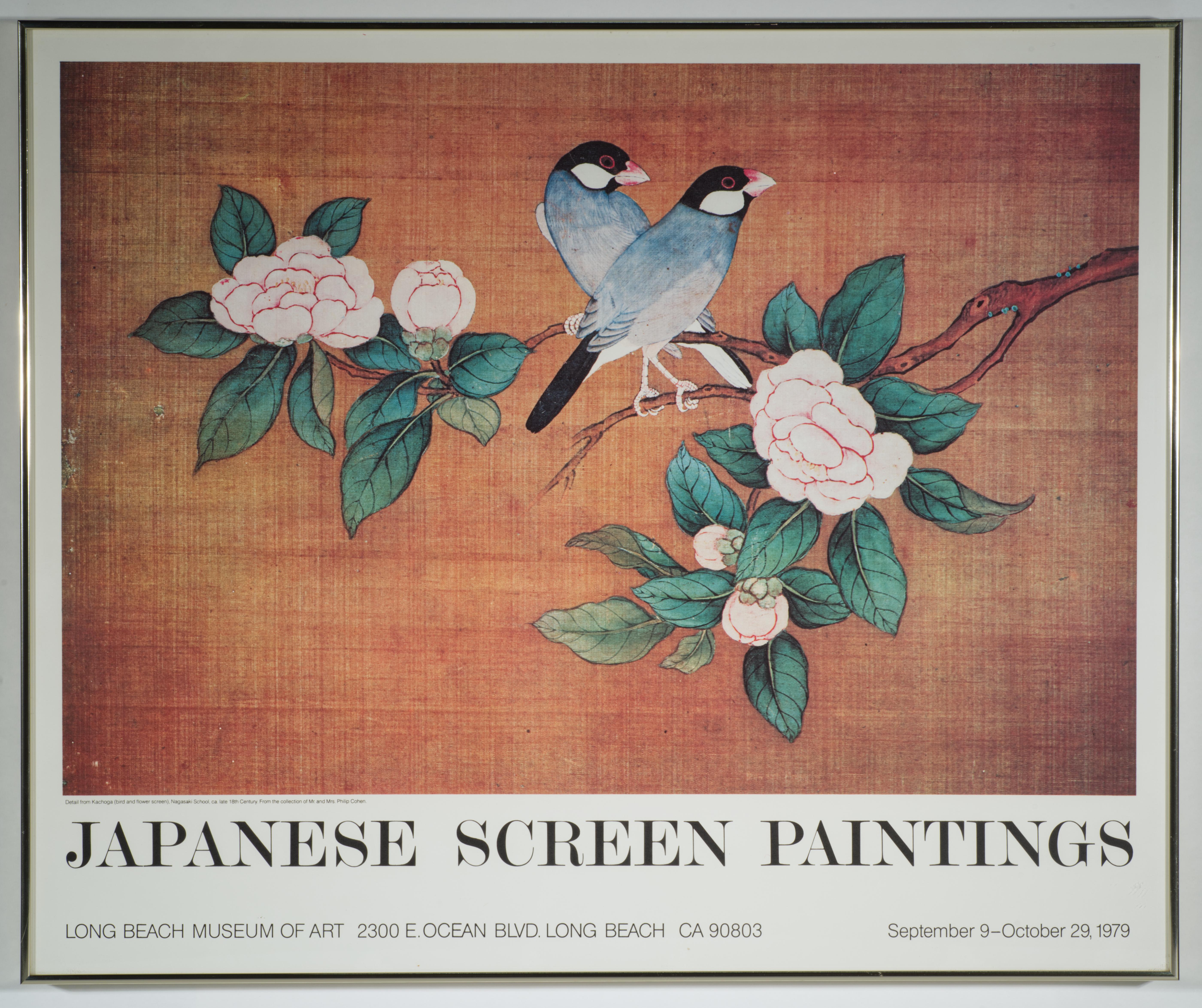  Vintage rare original exhibition poster features a detail from Kachoga (bird and flower screen), Nagasaki School, ca. late 18th Century, from the collection of Mr. and Mrs. Philip Cohen. It depicts two birds sitting on a flowering branch on copper