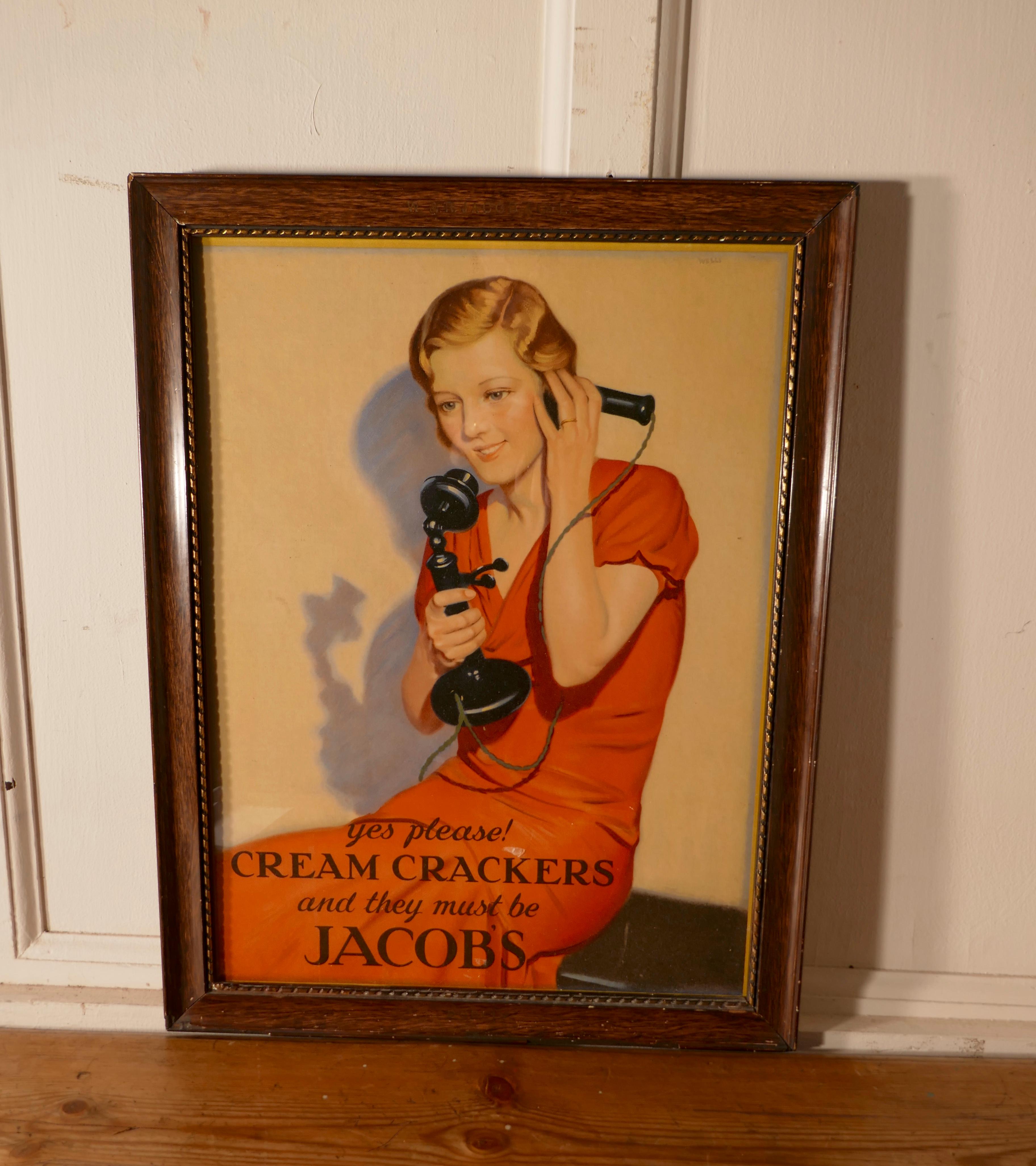 Original framed Jacobs cream crackers card poster, from Dublin

This is delightful original advertising sign, showing a happy young lady in period dress on the telephone telling us , “yes please Cream Crackers and they must be Jacobs”
The sign is