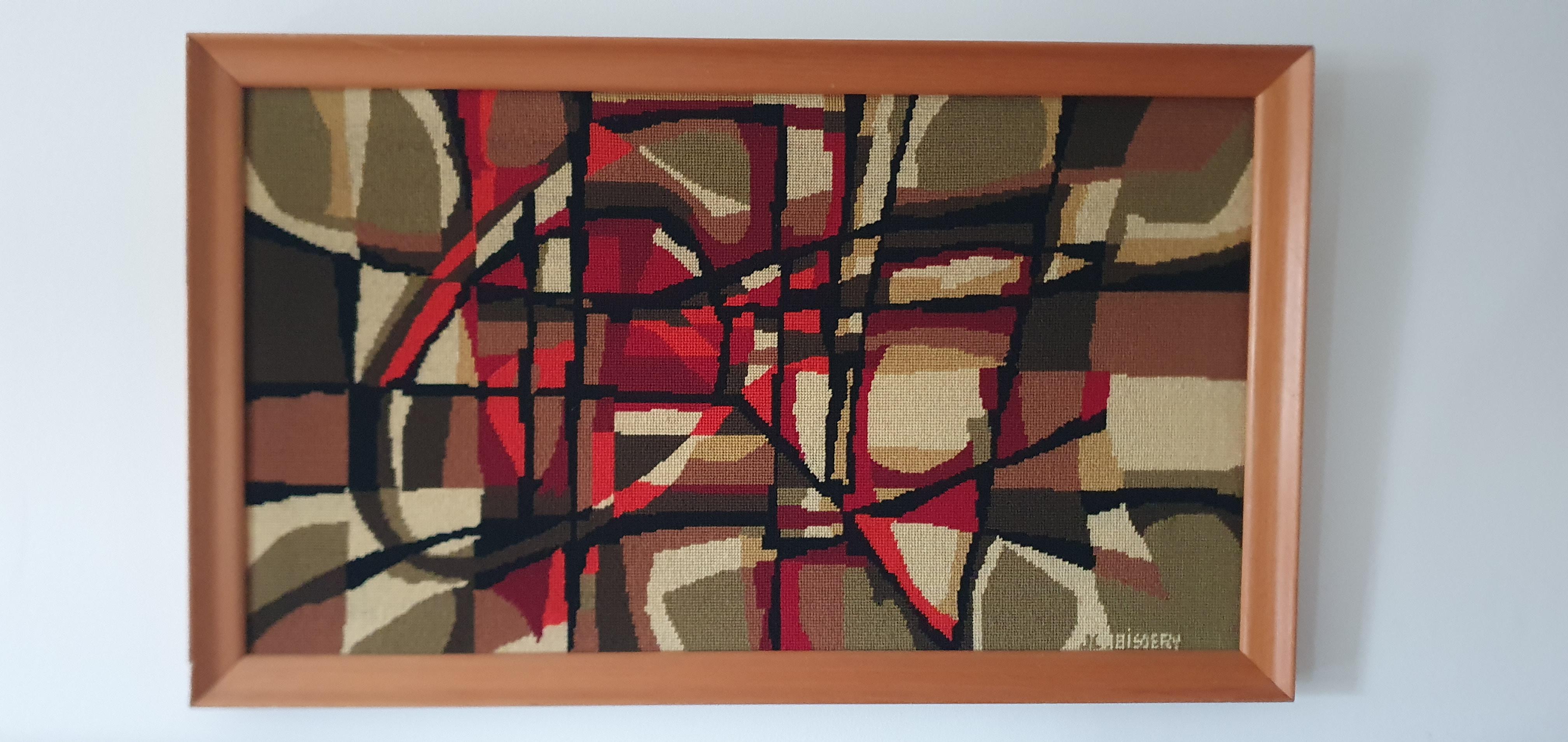 Original gerahmter Jean Claude Bissery-Wandteppich, ca. 1960er Jahre, abstrakter Stil, Mid-Century (Aubusson) im Angebot
