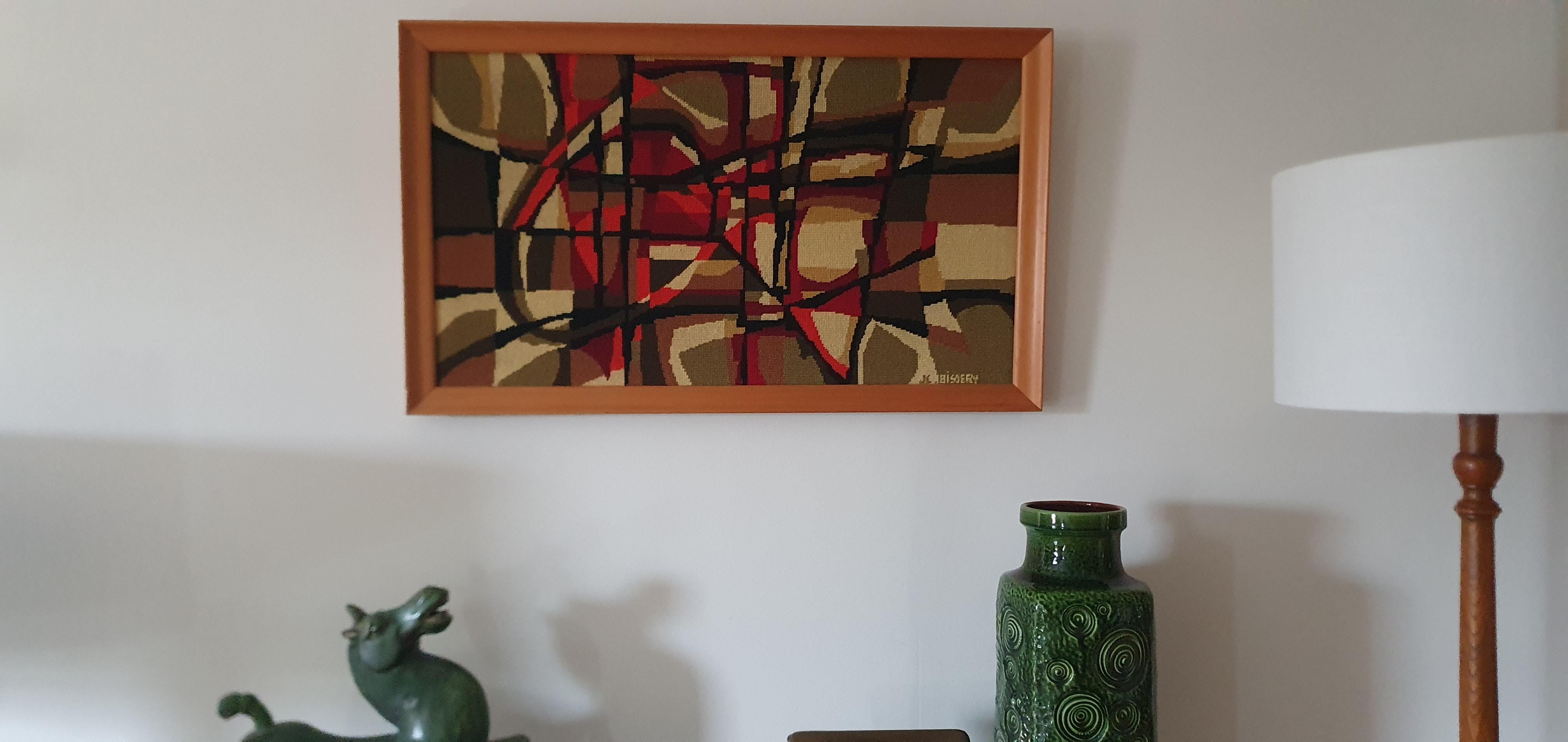 Hand-Crafted Original framed Jean Claude Bissery Tapestry C.1960s, Mid-Century Abstract style For Sale