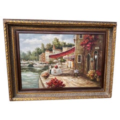 Quadro ad olio originale incorniciato che raffigura una scena di lungomare europeo