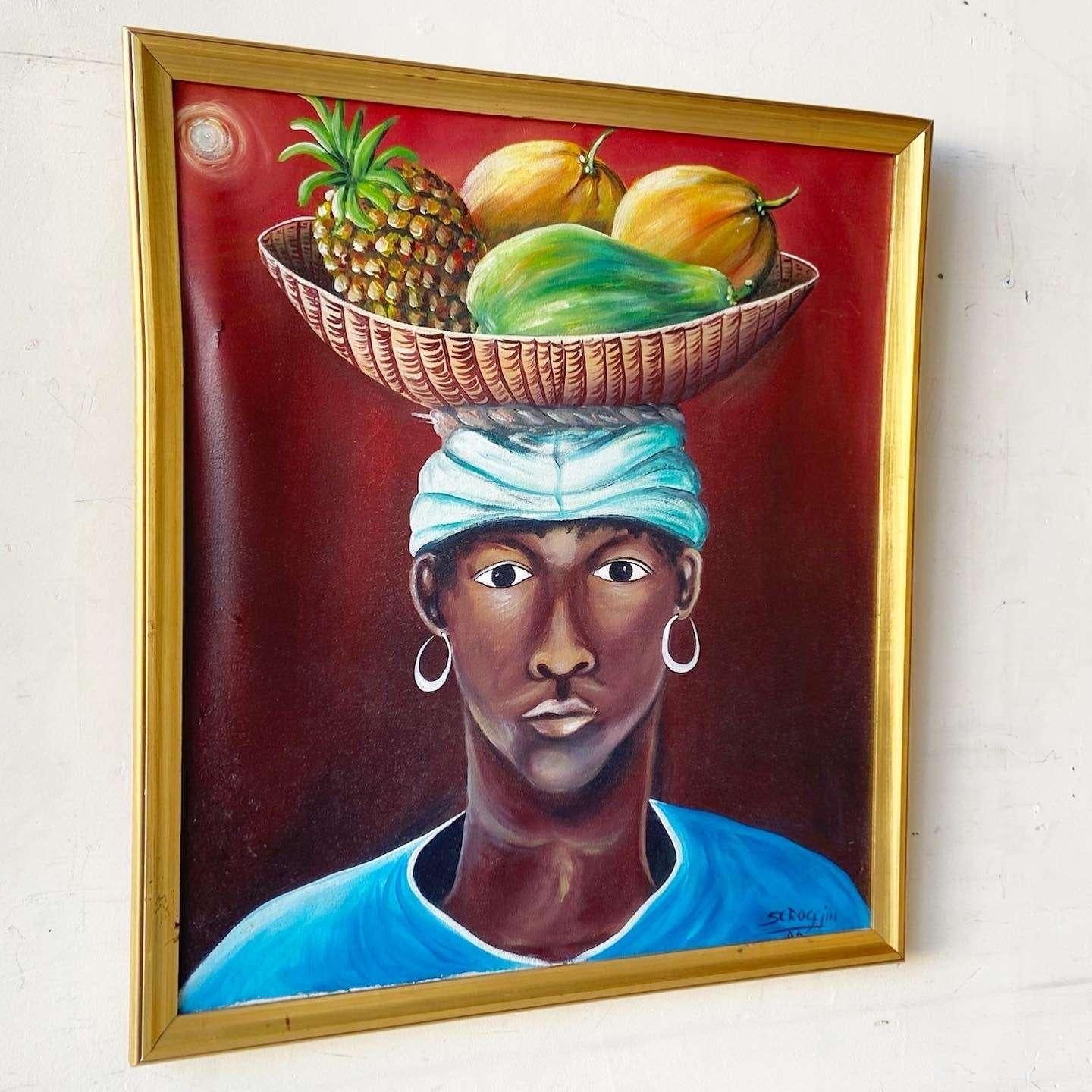 Exceptionnelle peinture à l'huile originale encadrée de Scroggin. Le sujet est une femme des Caraïbes avec un arc de fruits sur la tête.
