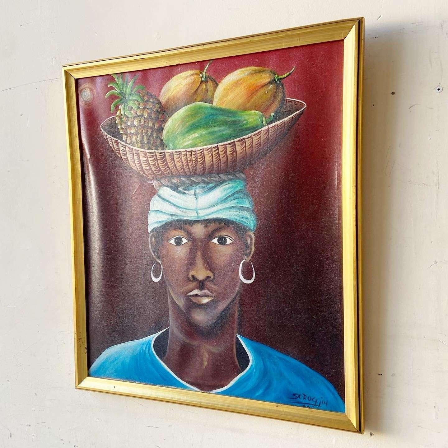 Original Framed Oil Painting of Caribbean Woman With Fruit Bowl by Scroggin In Good Condition For Sale In Delray Beach, FL