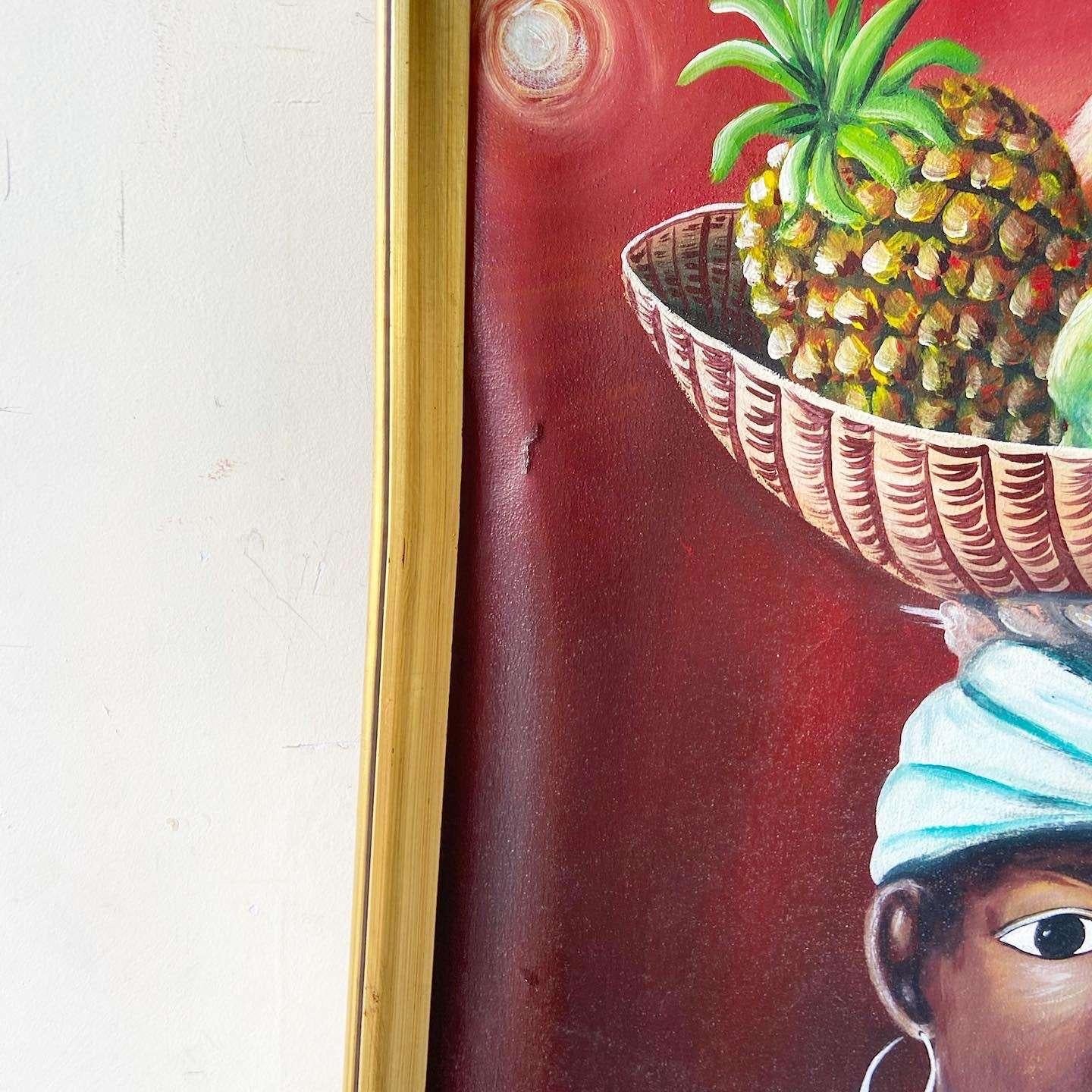 Fin du 20e siècle Peinture à l'huile originale encadrée représentant une femme des Caraïbes avec un bol de fruits par Scroggin en vente