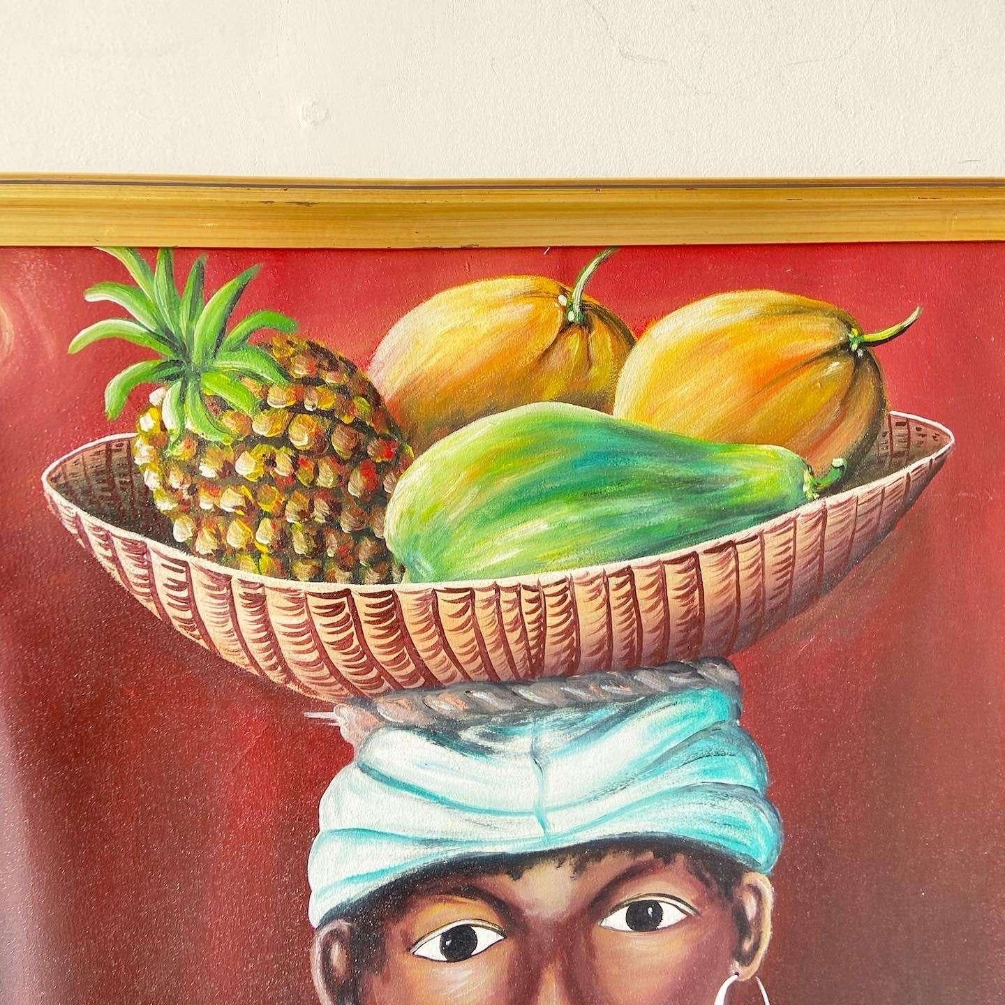 Peinture à l'huile originale encadrée représentant une femme des Caraïbes avec un bol de fruits par Scroggin en vente 1