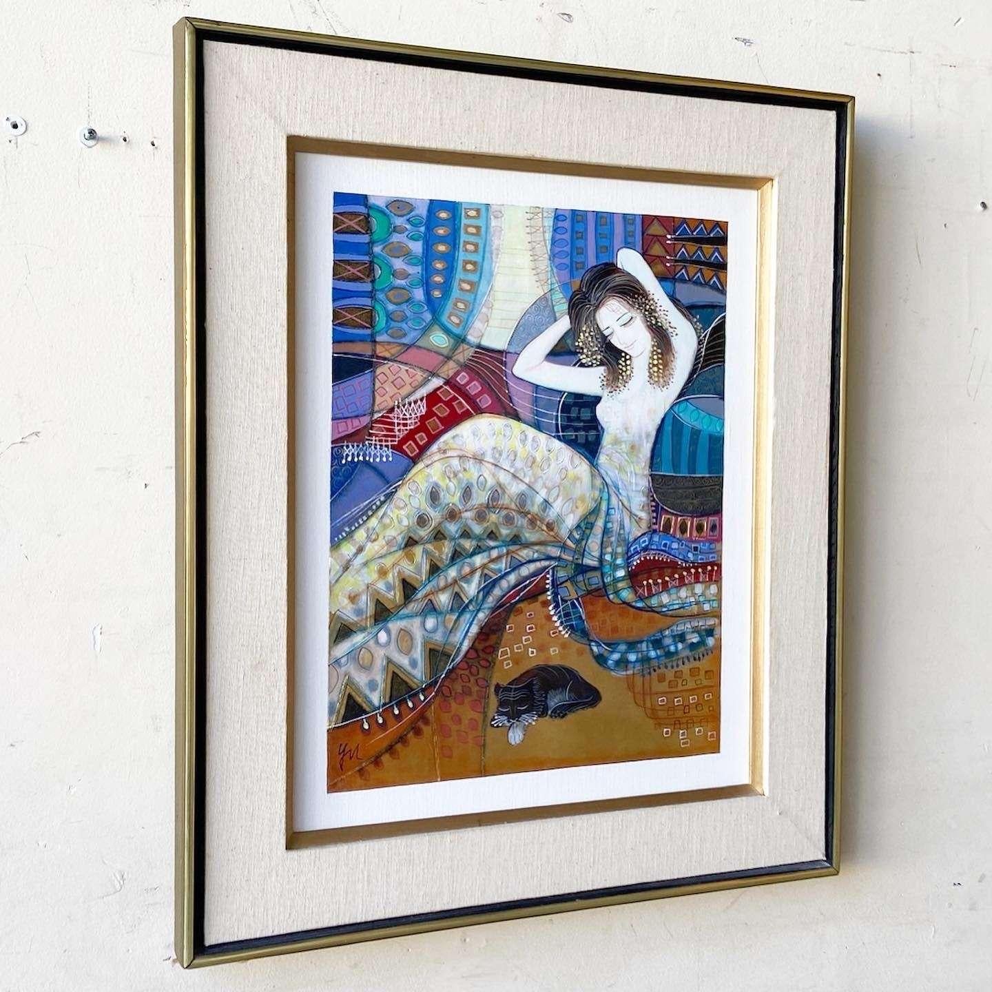 Exceptionnelle peinture à l'huile originale vintage dans un cadre en bois. Le sujet est une femme en couvertures avec un chat.
