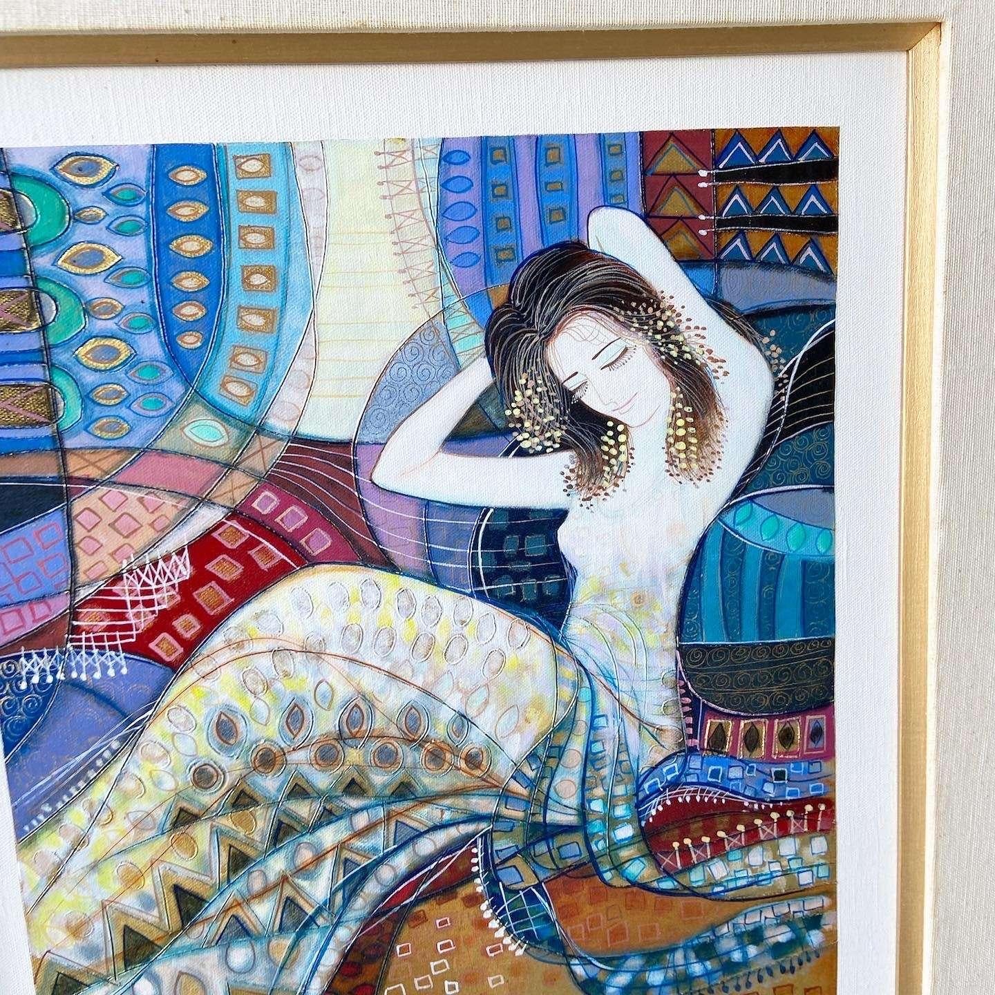 Canvas Original Framed Oil Painting of Woman With Cat For Sale