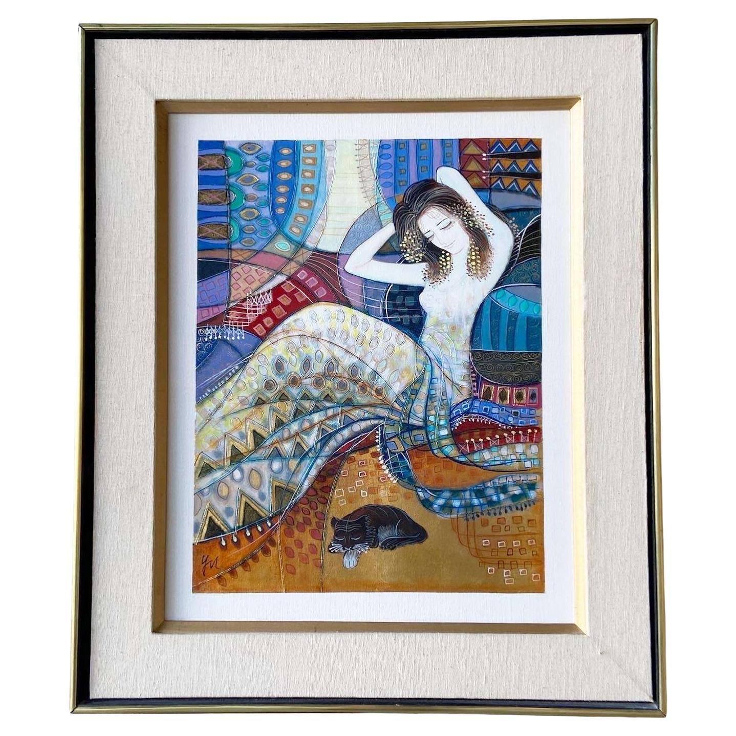 Original Framed Oil Painting of Woman With Cat For Sale