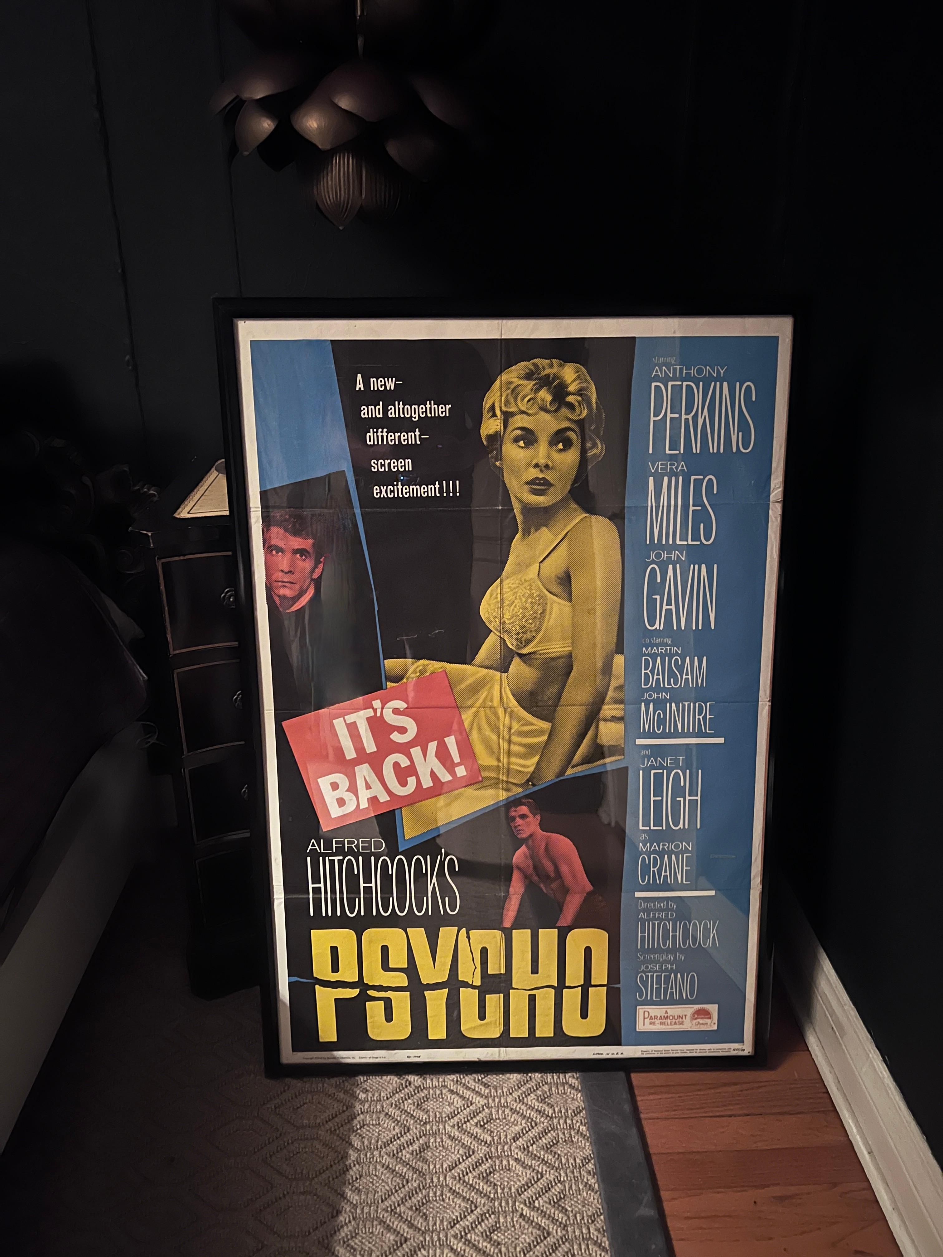 Mid-Century Modern Original Framed Paper Movie Poster for Alfred Hitchcocks Psycho For Sale