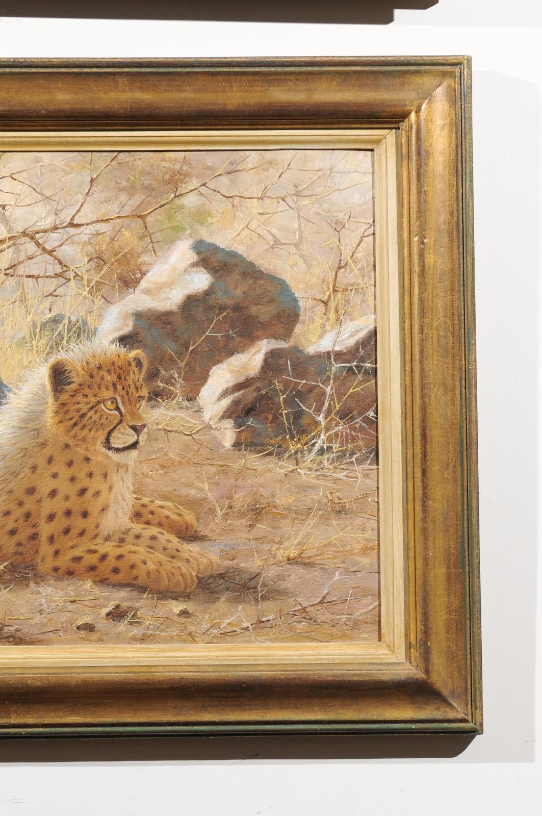 American Original Framed Paul Rose Wildlife Horizontal Painting Depicting Two Cheetahs