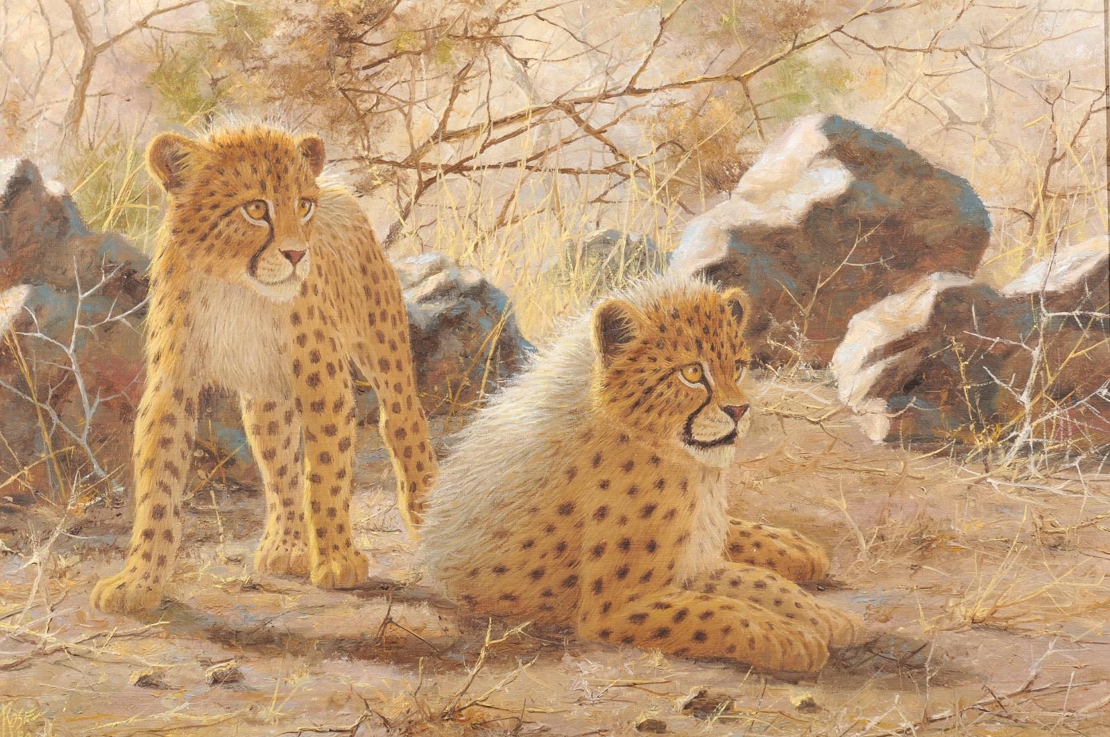 Original Framed Paul Rose Wildlife Horizontal Painting Depicting Two Cheetahs In Good Condition In Atlanta, GA