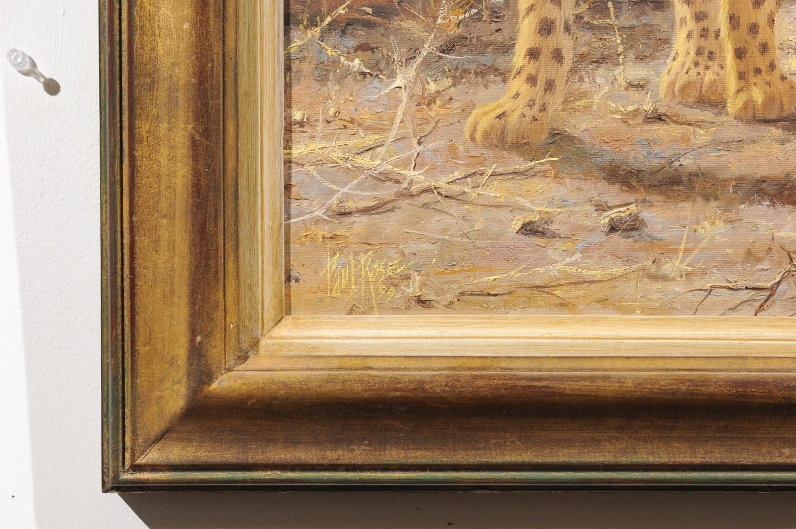 Wood Original Framed Paul Rose Wildlife Horizontal Painting Depicting Two Cheetahs