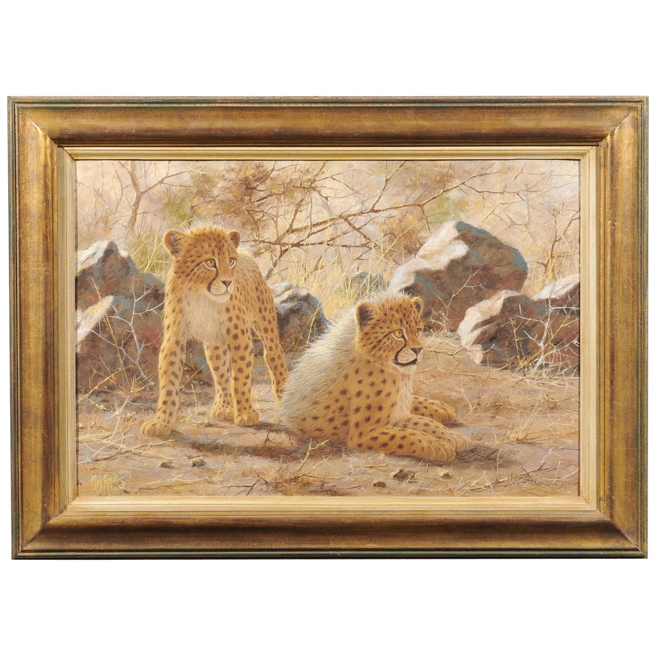 Original Framed Paul Rose Wildlife Horizontal Painting Depicting Two Cheetahs