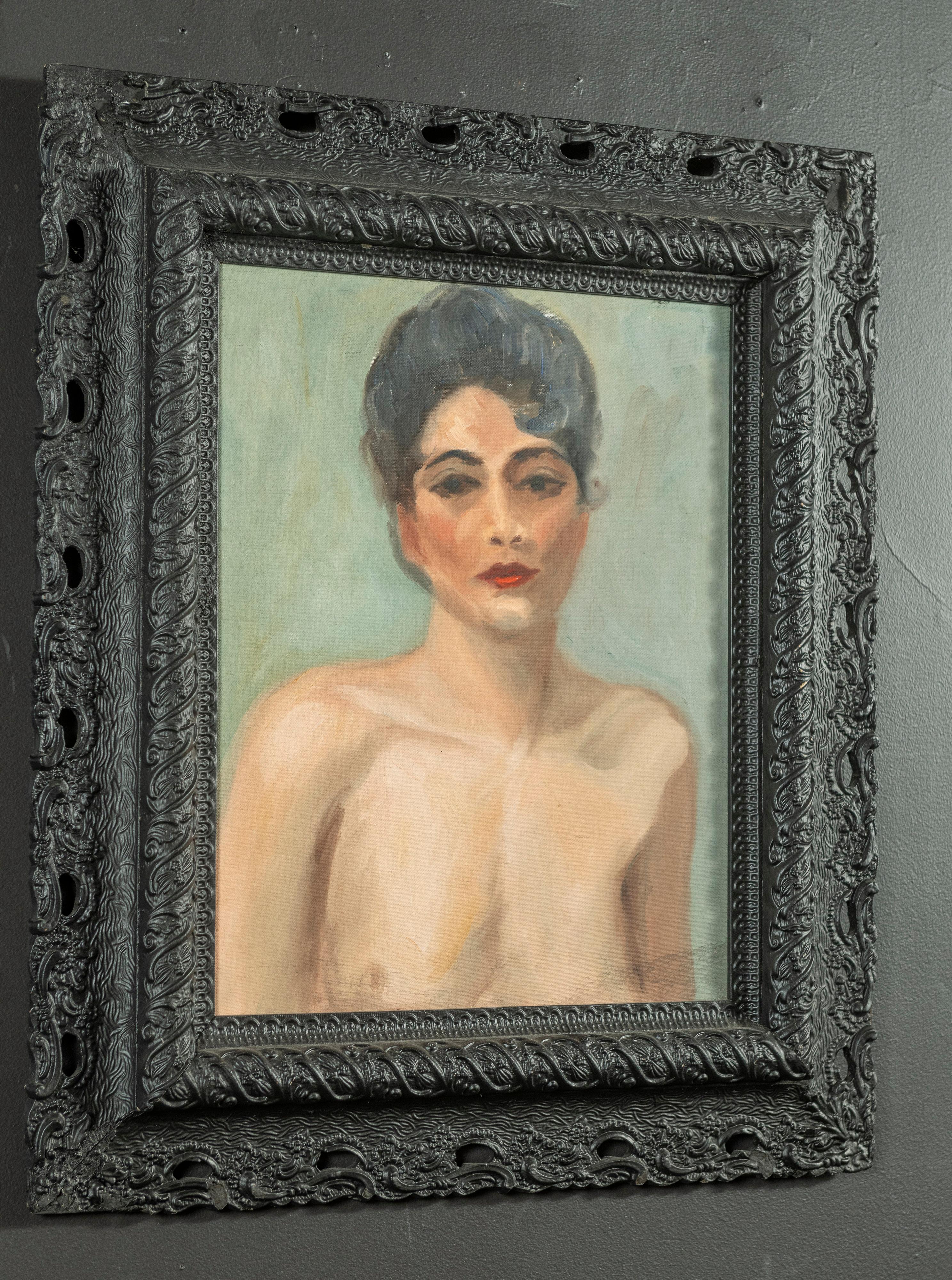 Moderne Portrait original encadré d'une femme, acrylique sur toile en vente
