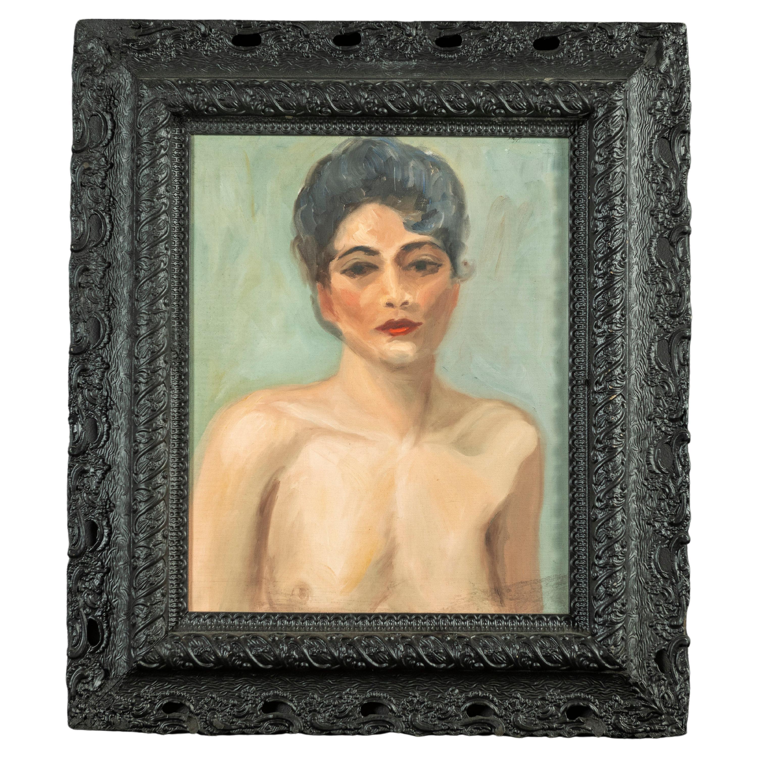 Portrait original encadré d'une femme, acrylique sur toile en vente