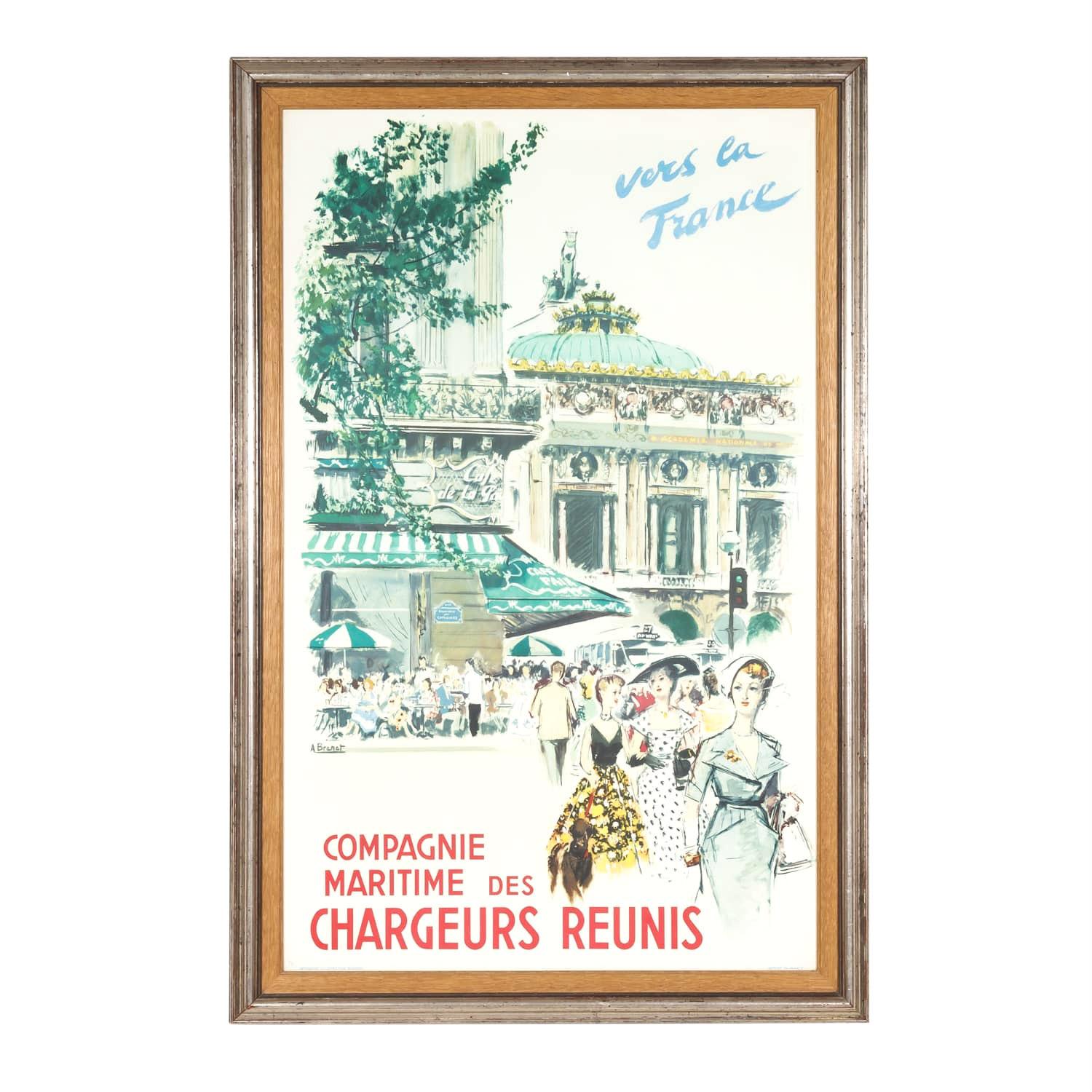 A wonderful framed original French advertising poster by artist Albert Brenet for the maritime company Chargeurs Réunis, circa 1950s. This bright and lively French travel poster features three stylish ladies and a French poodle as they stroll along