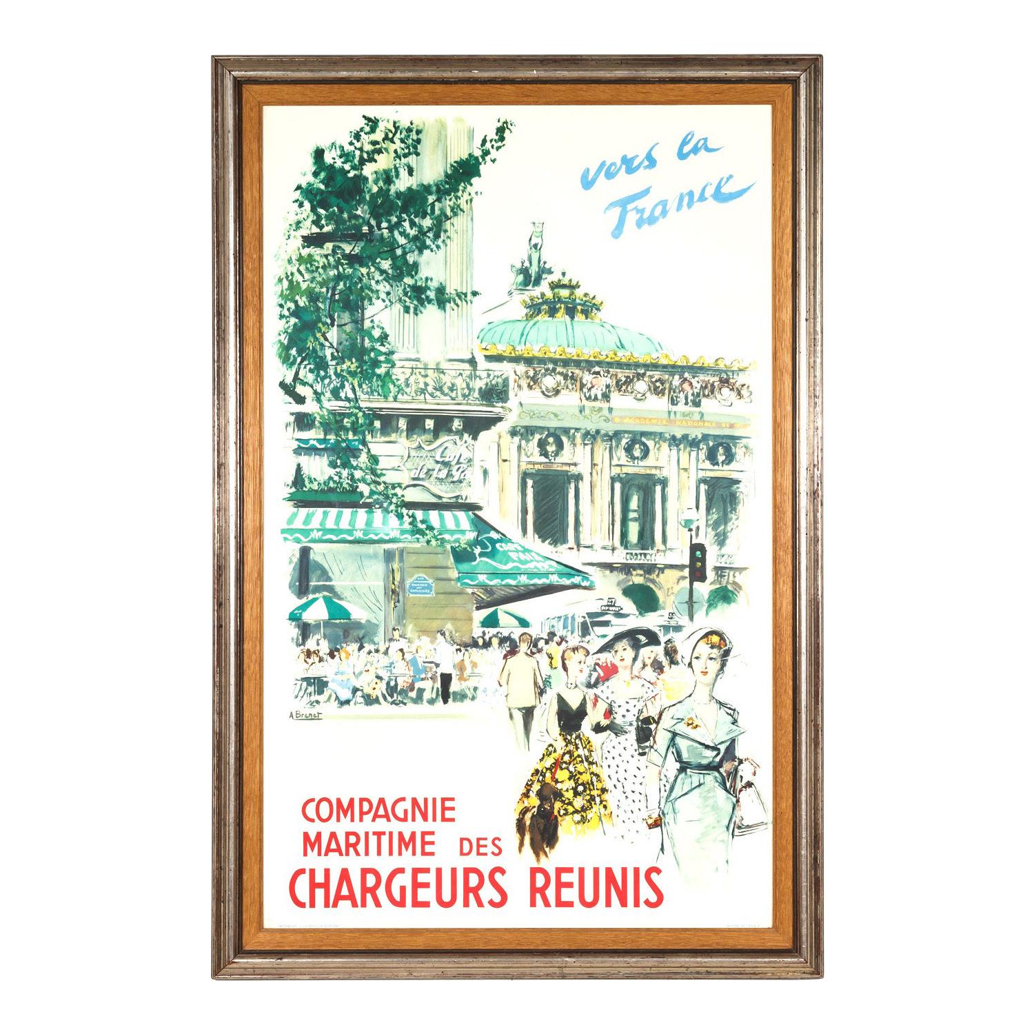 Original Framed Vintage French Travel Poster "Chargeurs Reunis Vers la France"