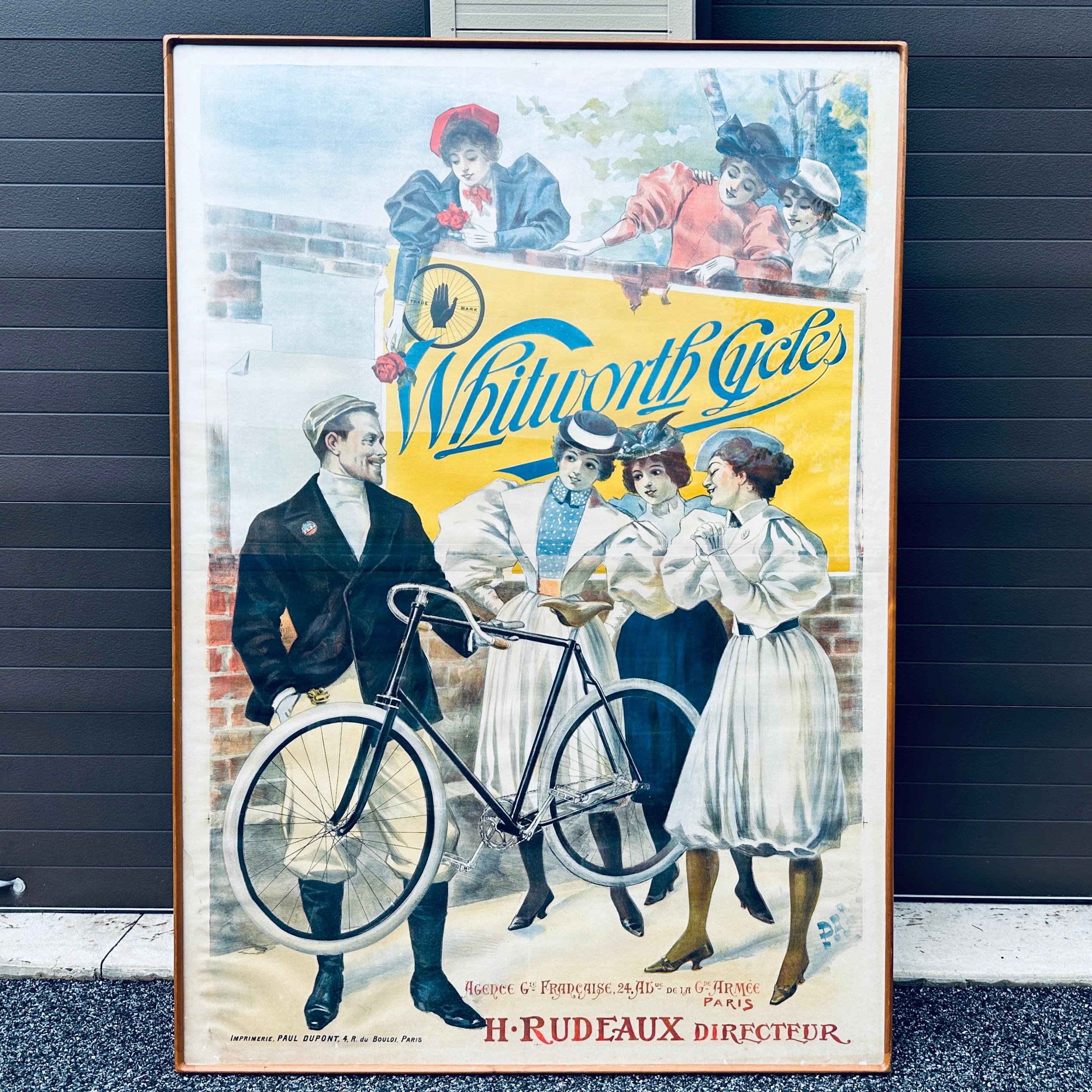 Poster pubblicitario originale per biciclette francesi Whitworth Cycles incorniciato, realizzato da PAL (Jean De Paleologue) nel 1890 circa in Francia. Precedentemente conservato professionalmente con supporto in lino e incorniciato con plexiglass