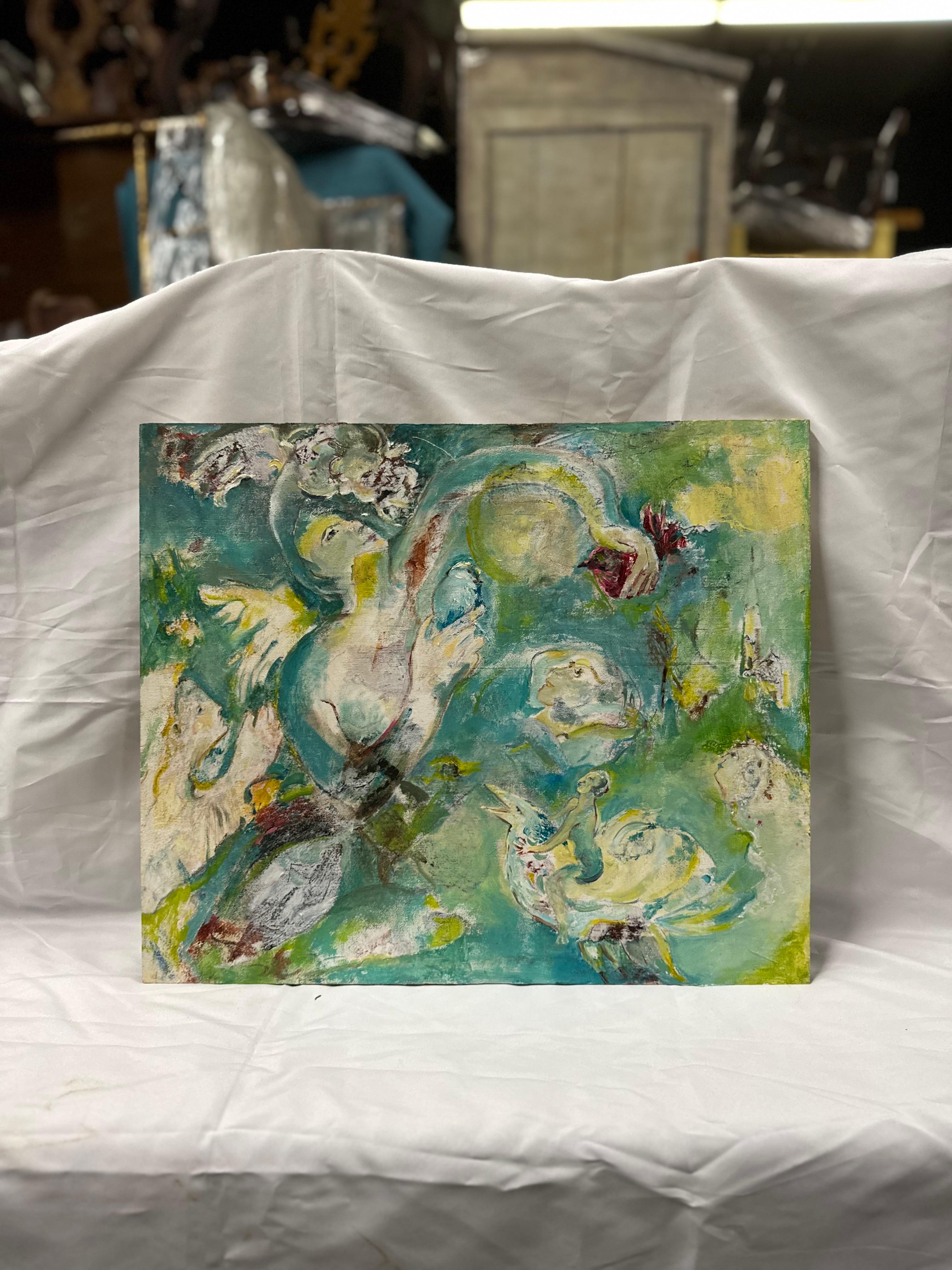 The Original French Abstract Painting on wooden board mesmerizes with its evocative blend of colors and textures. Predominantly swathed in serene shades of blue and green, the canvas exudes a sense of tranquility and harmony. Wisps of white