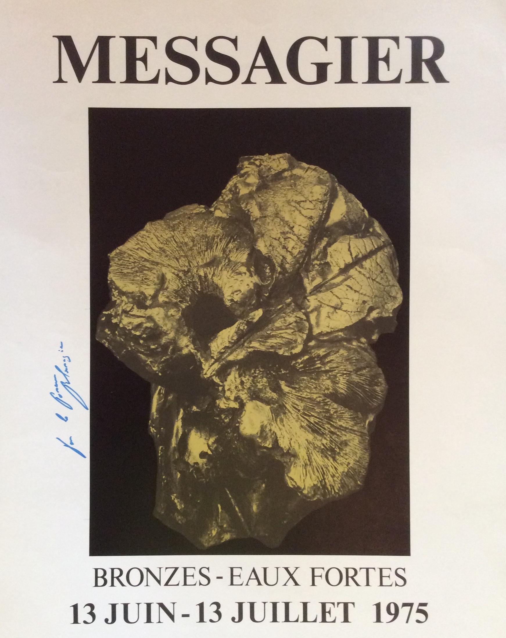 Mid-Century Modern French Poster Signed by Jean Messagier, 1975 depicting Bronze Sculptures For Sale