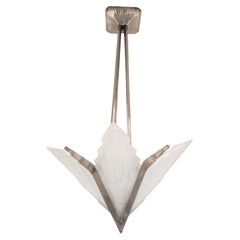 Original French Art Deco Angular Art Glass Chandelier in Nickel Bronze by Degue