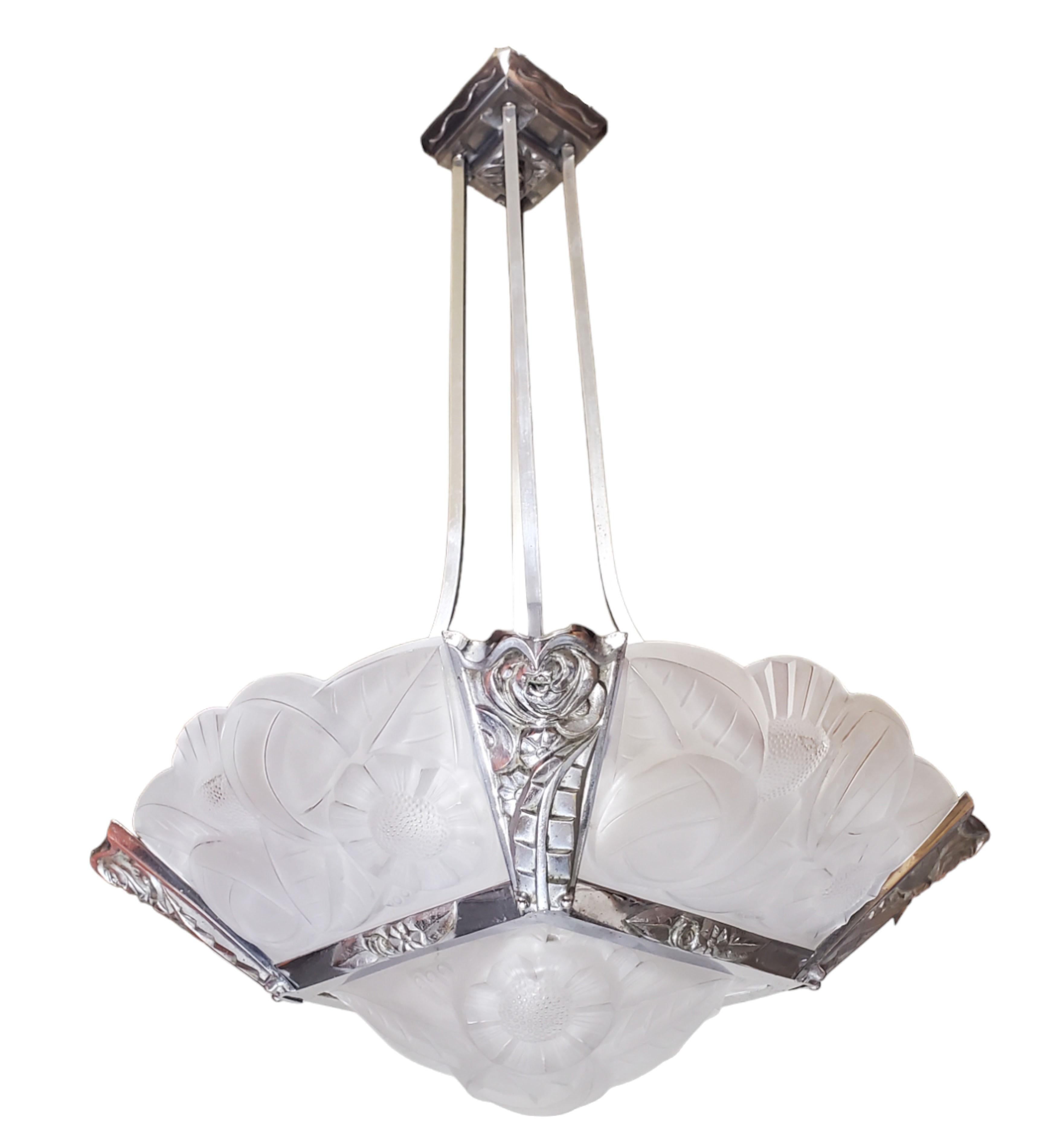  Original French Art Deco art glass, chrome + nickel chandelier signed Degue For Sale 7