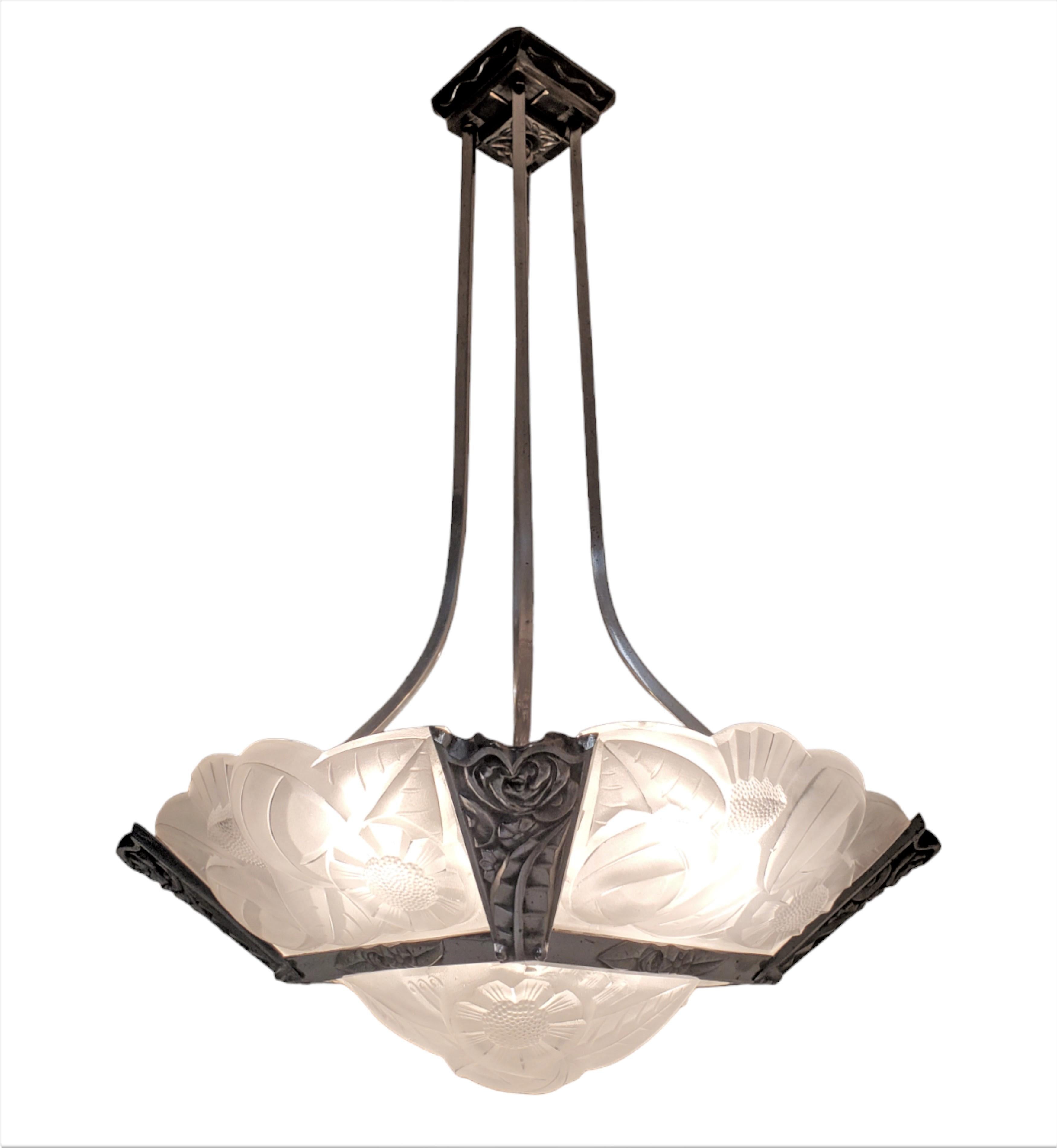  Original French Art Deco art glass, chrome + nickel chandelier signed Degue For Sale 8