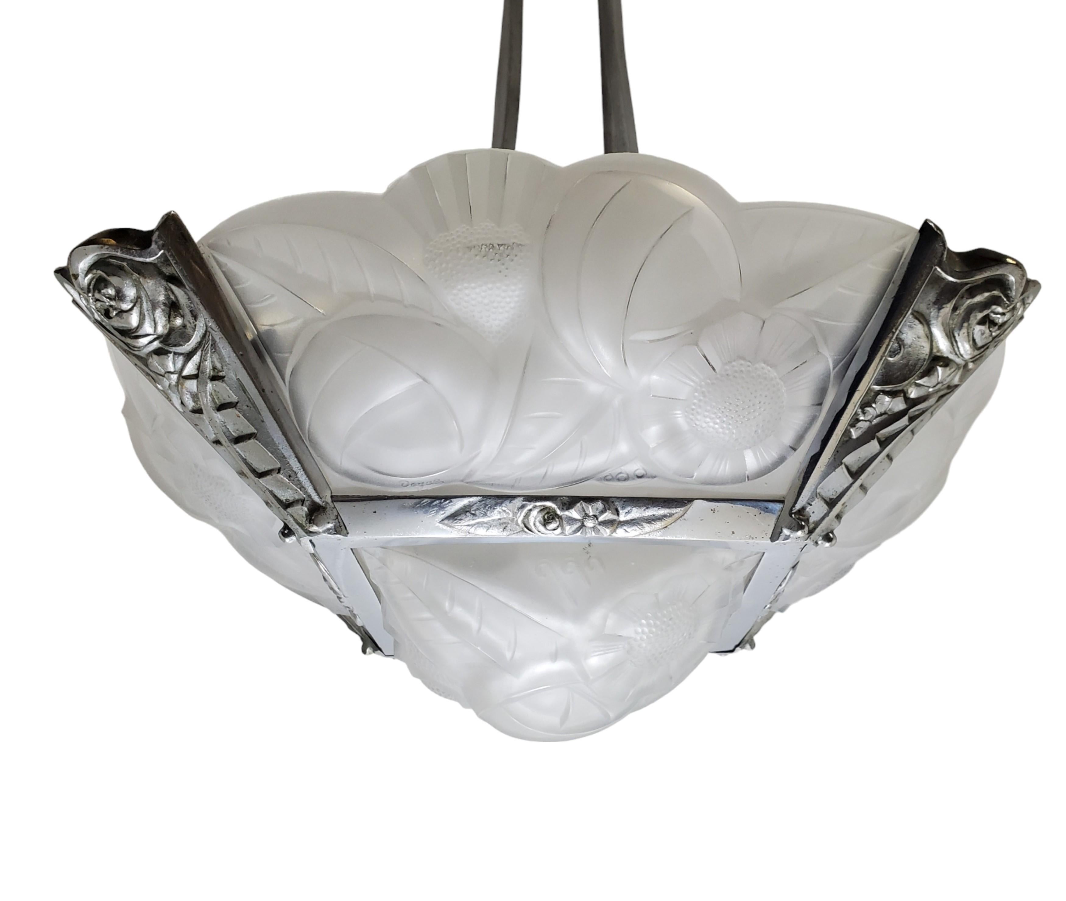  Original French Art Deco art glass, chrome + nickel chandelier signed Degue For Sale 9