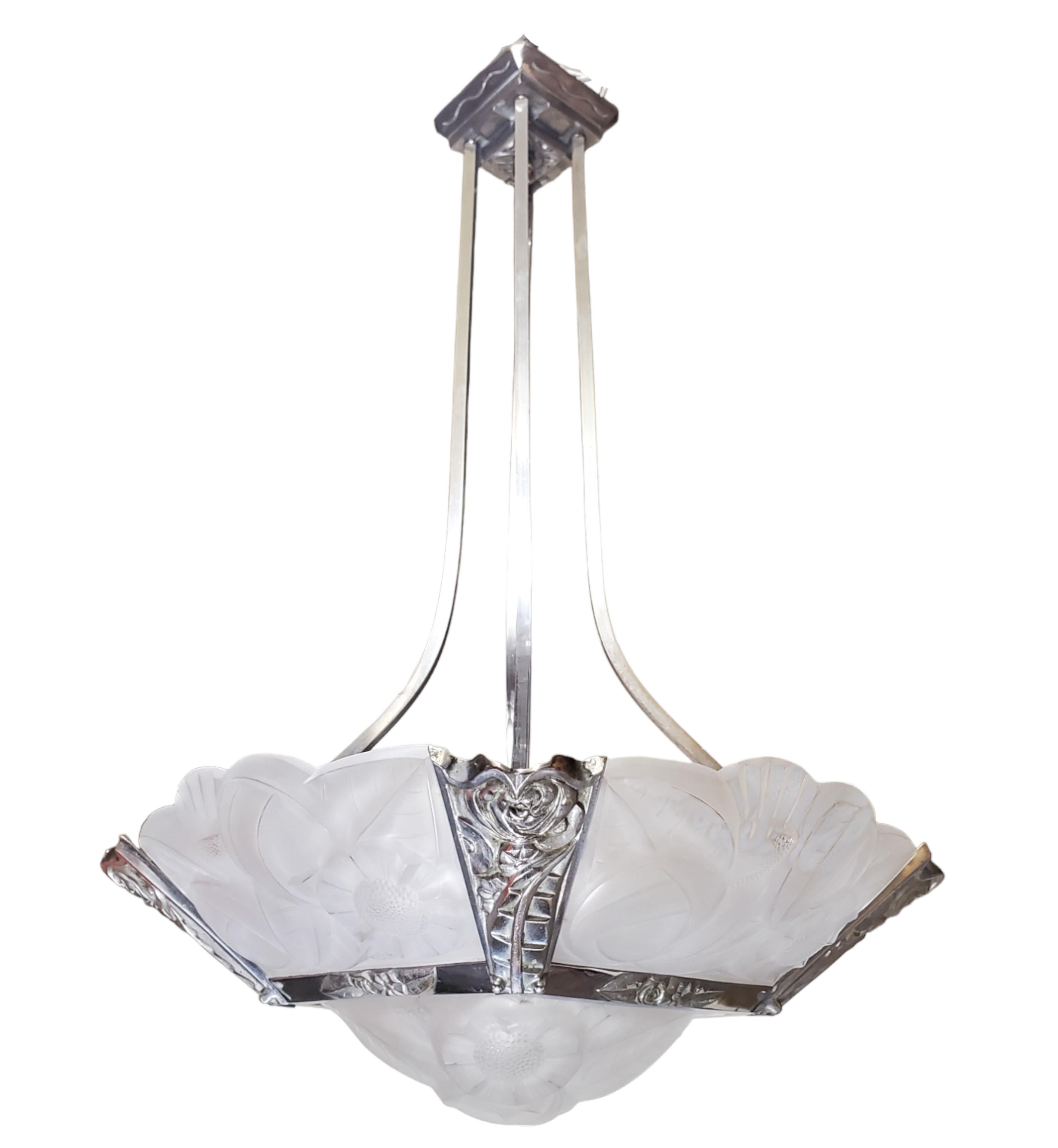  Original French Art Deco art glass, chrome + nickel chandelier signed Degue In Good Condition For Sale In New York City, NY