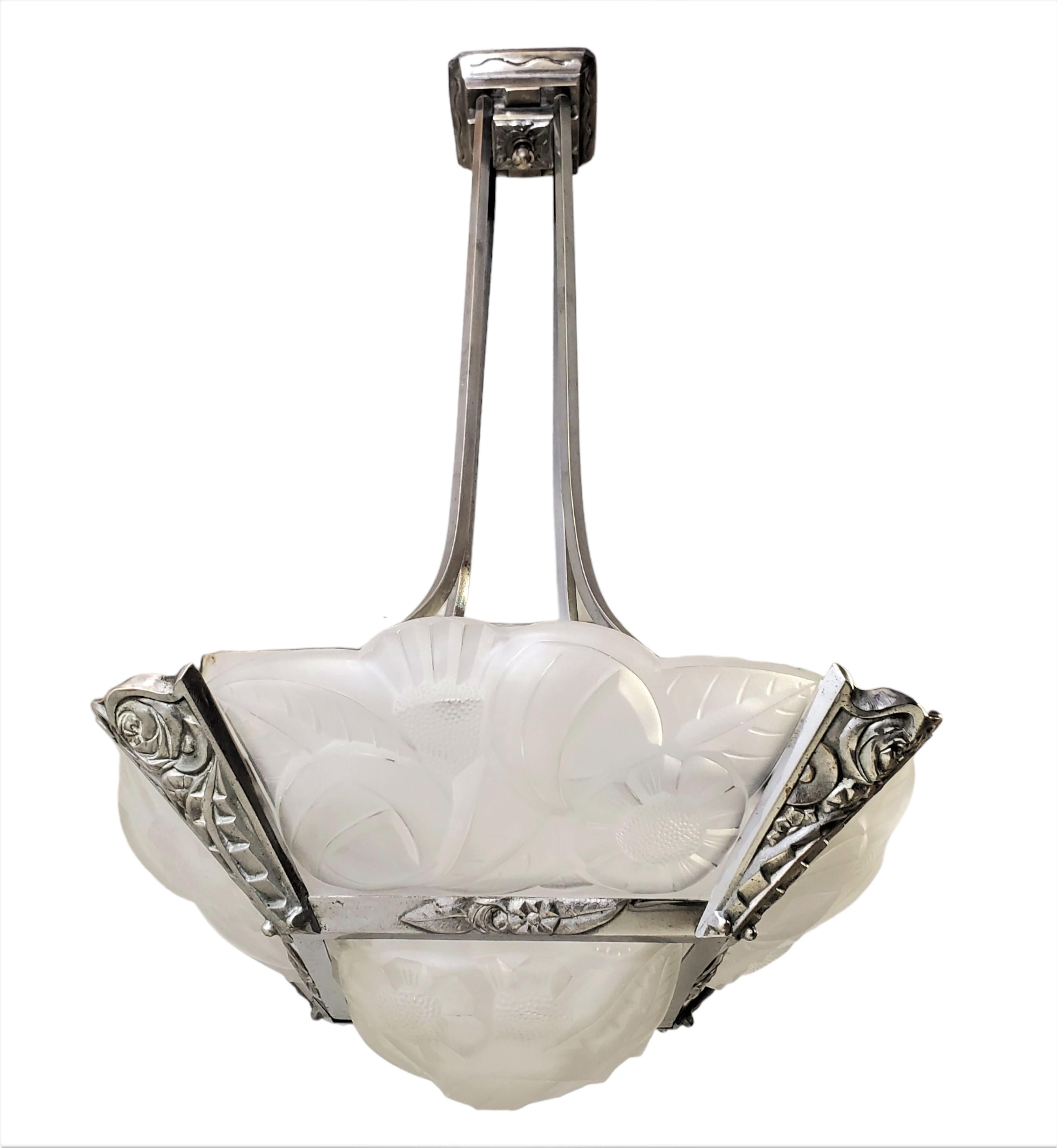 20th Century  Original French Art Deco art glass, chrome + nickel chandelier signed Degue For Sale