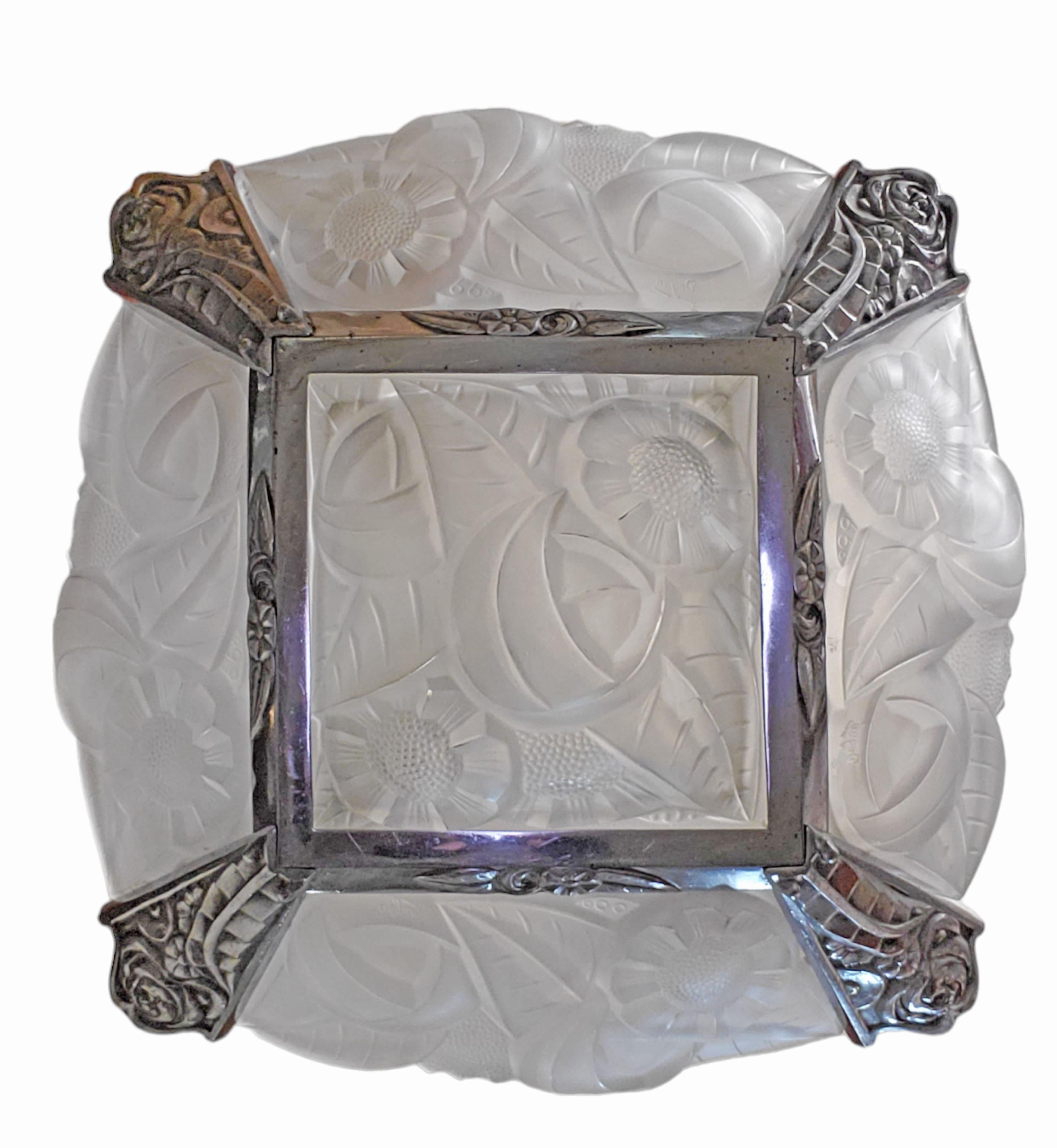  Original French Art Deco art glass, chrome + nickel chandelier signed Degue For Sale 2