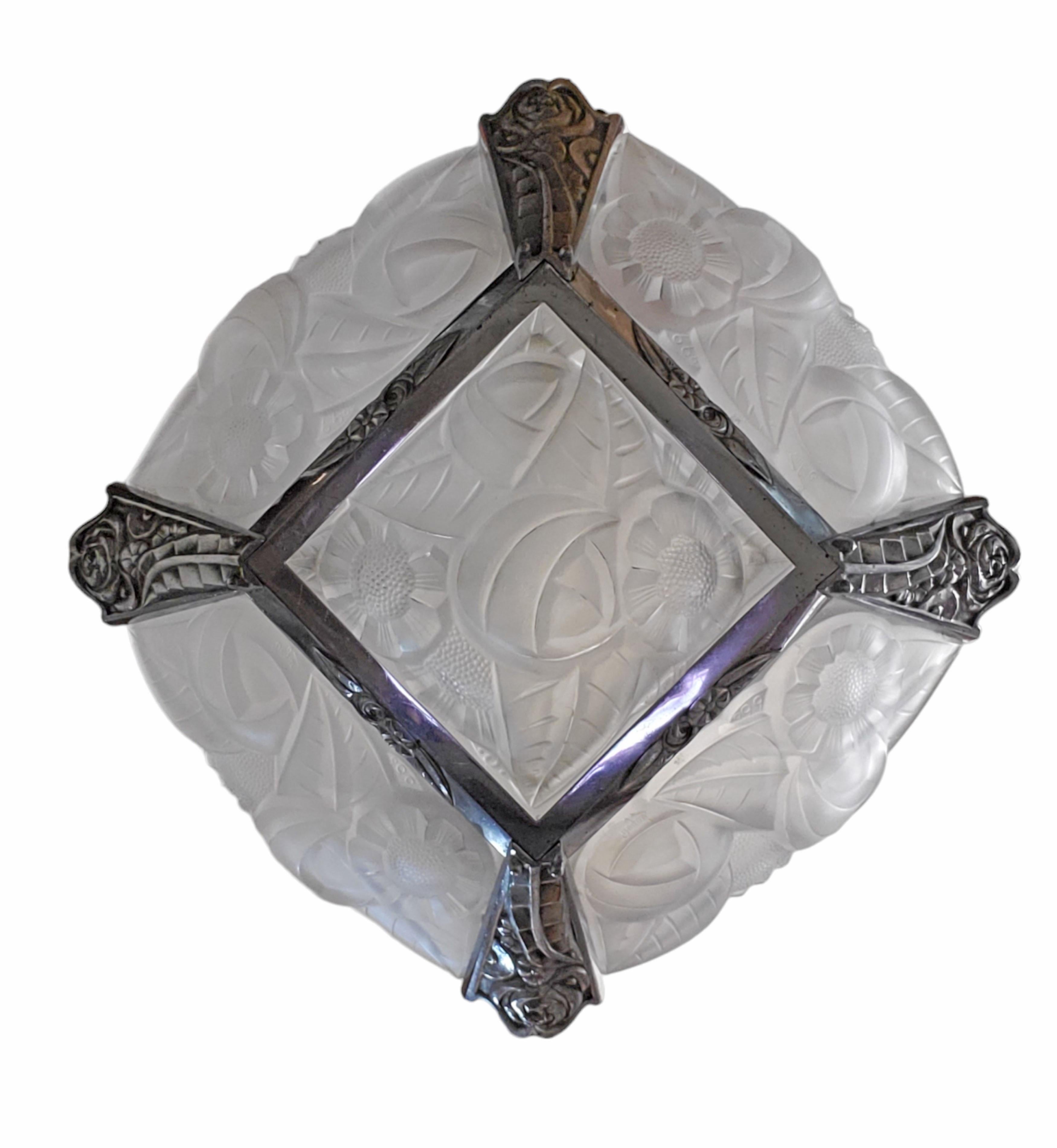  Original French Art Deco art glass, chrome + nickel chandelier signed Degue For Sale 3