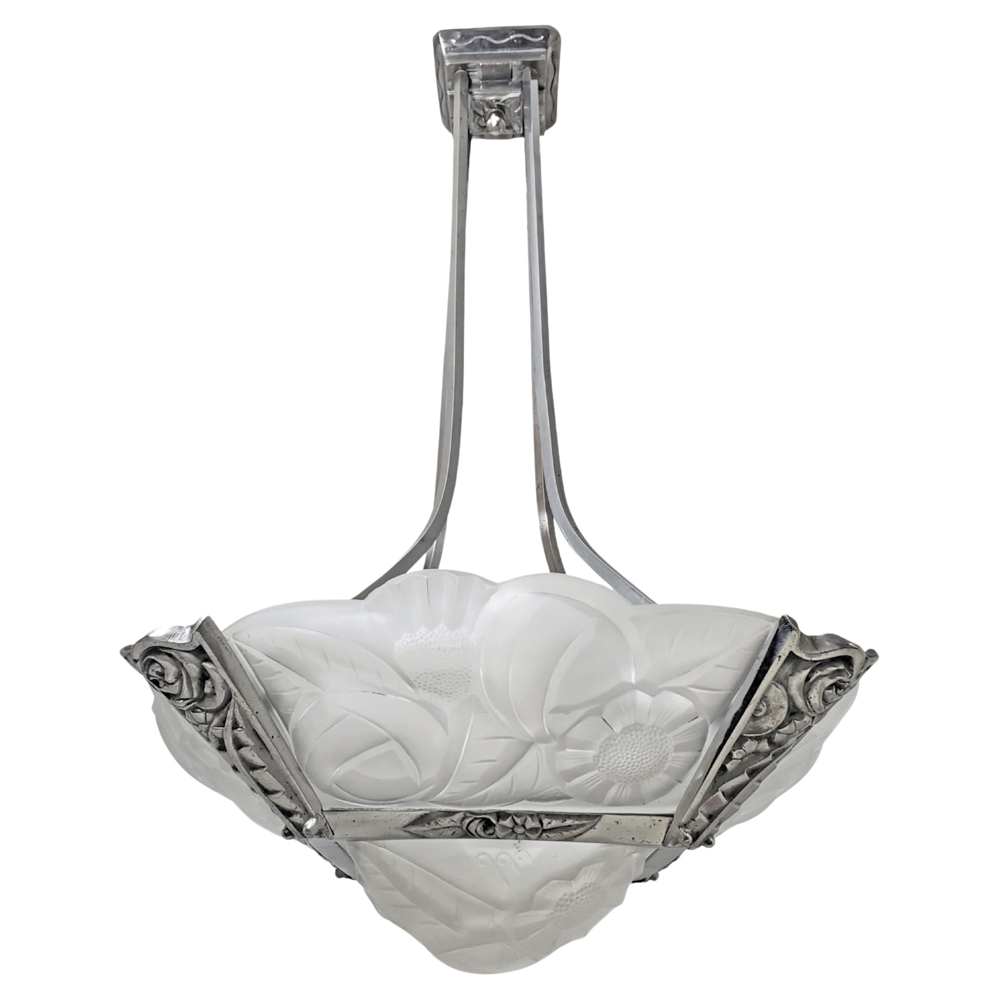 Original French Art Deco art glass, chrome + nickel chandelier signed Degue For Sale