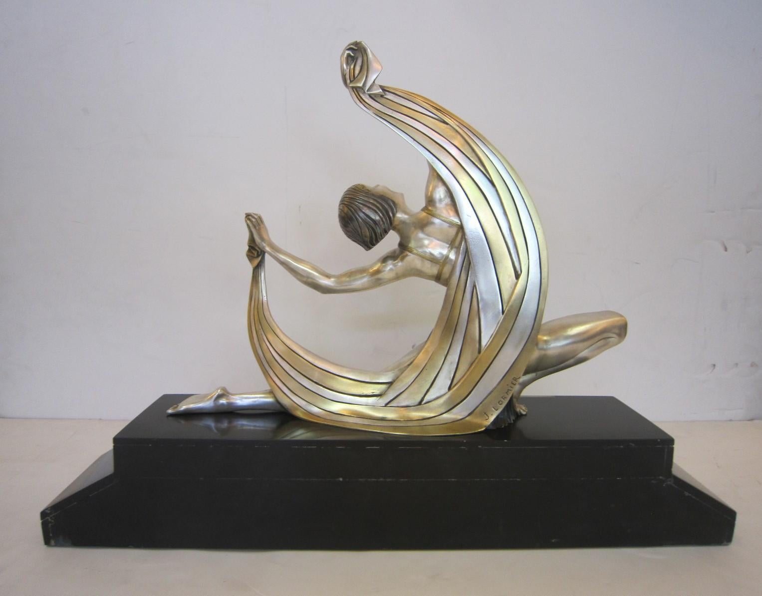 Original French Art Deco Bronze Dancer on Inlaid Base, Signed J. Lormier 6