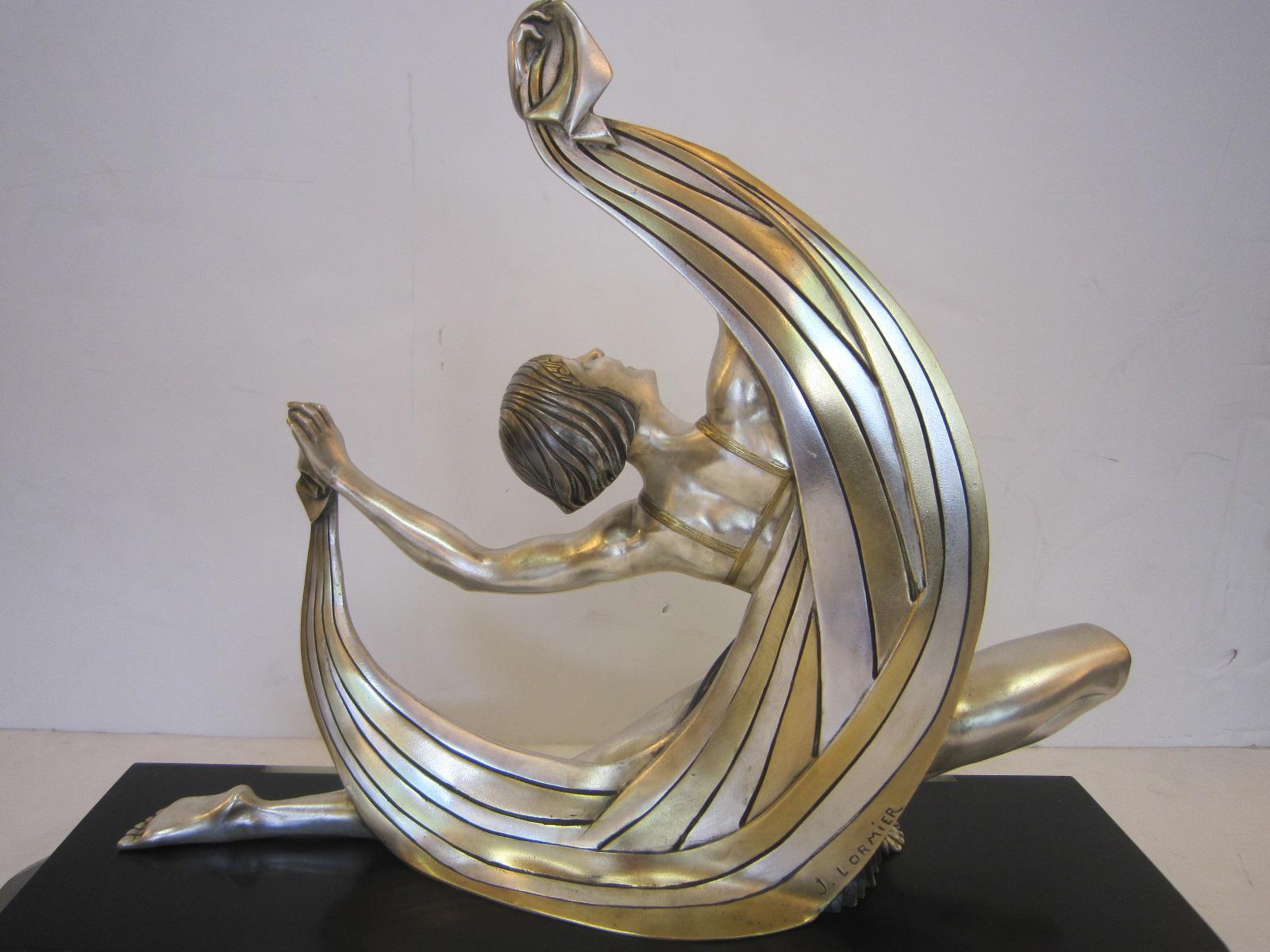 Original French Art Deco Bronze Dancer on Inlaid Base, Signed J. Lormier 7