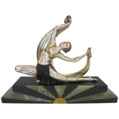 Original French Art Deco Bronze Dancer on Inlaid Base, Signed J. Lormier