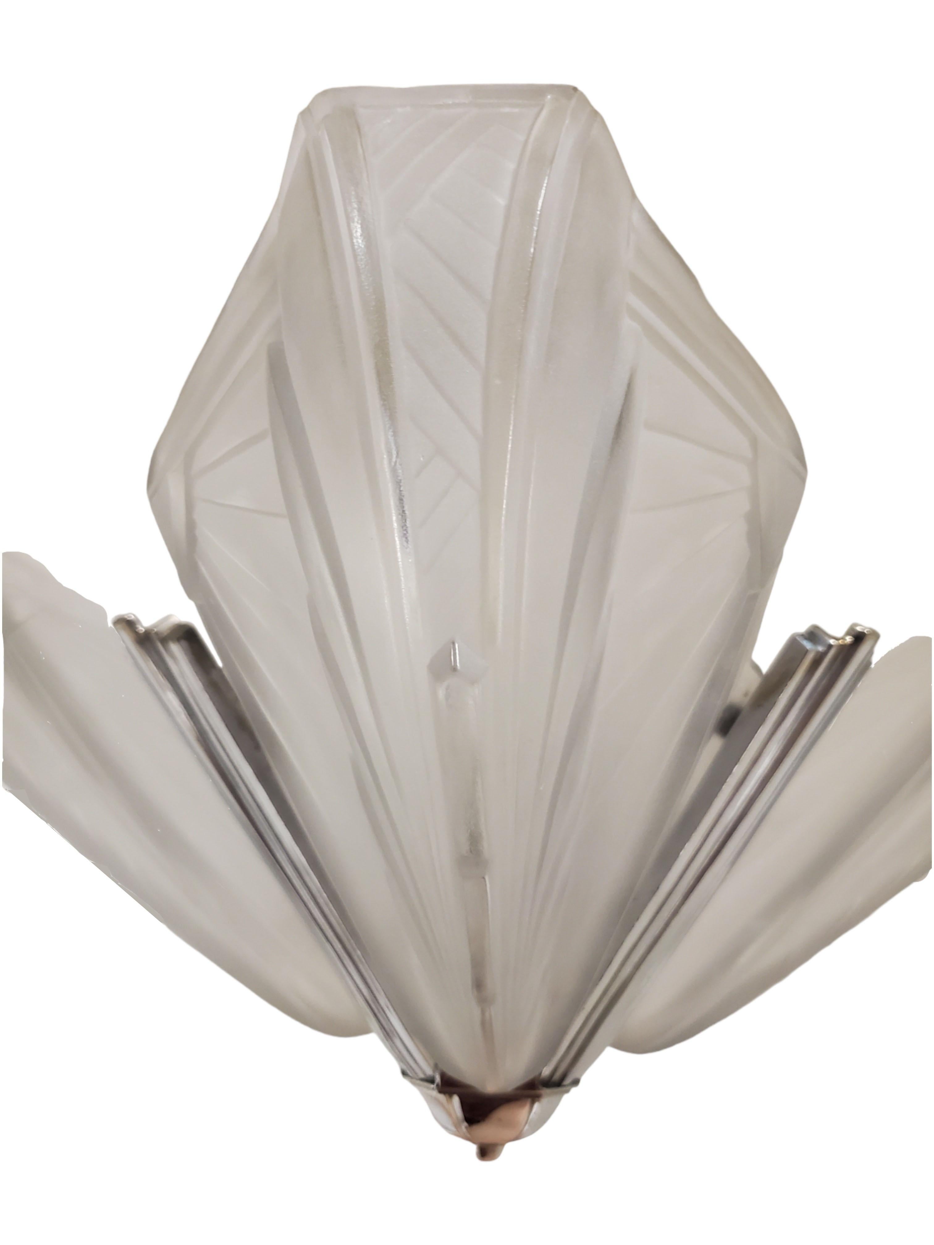 Original French Art Deco frosted art glass blossom chandelier signed EJG France  For Sale 7