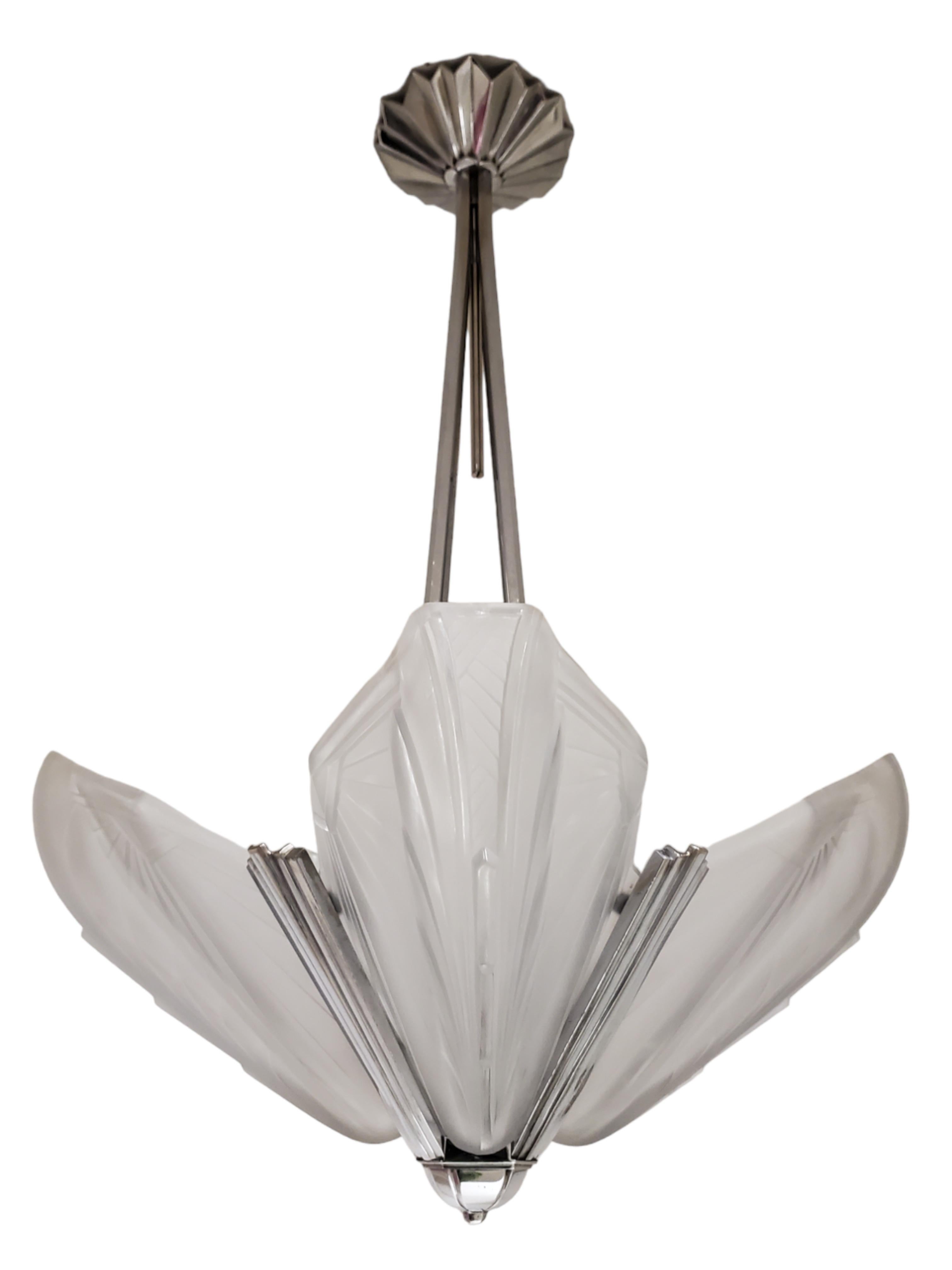 Original French Art Deco frosted art glass blossom chandelier signed EJG France  For Sale 10