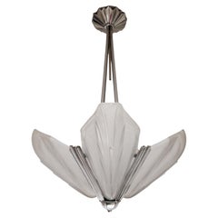 Original French Art Deco frosted art glass blossom chandelier signed EJG France