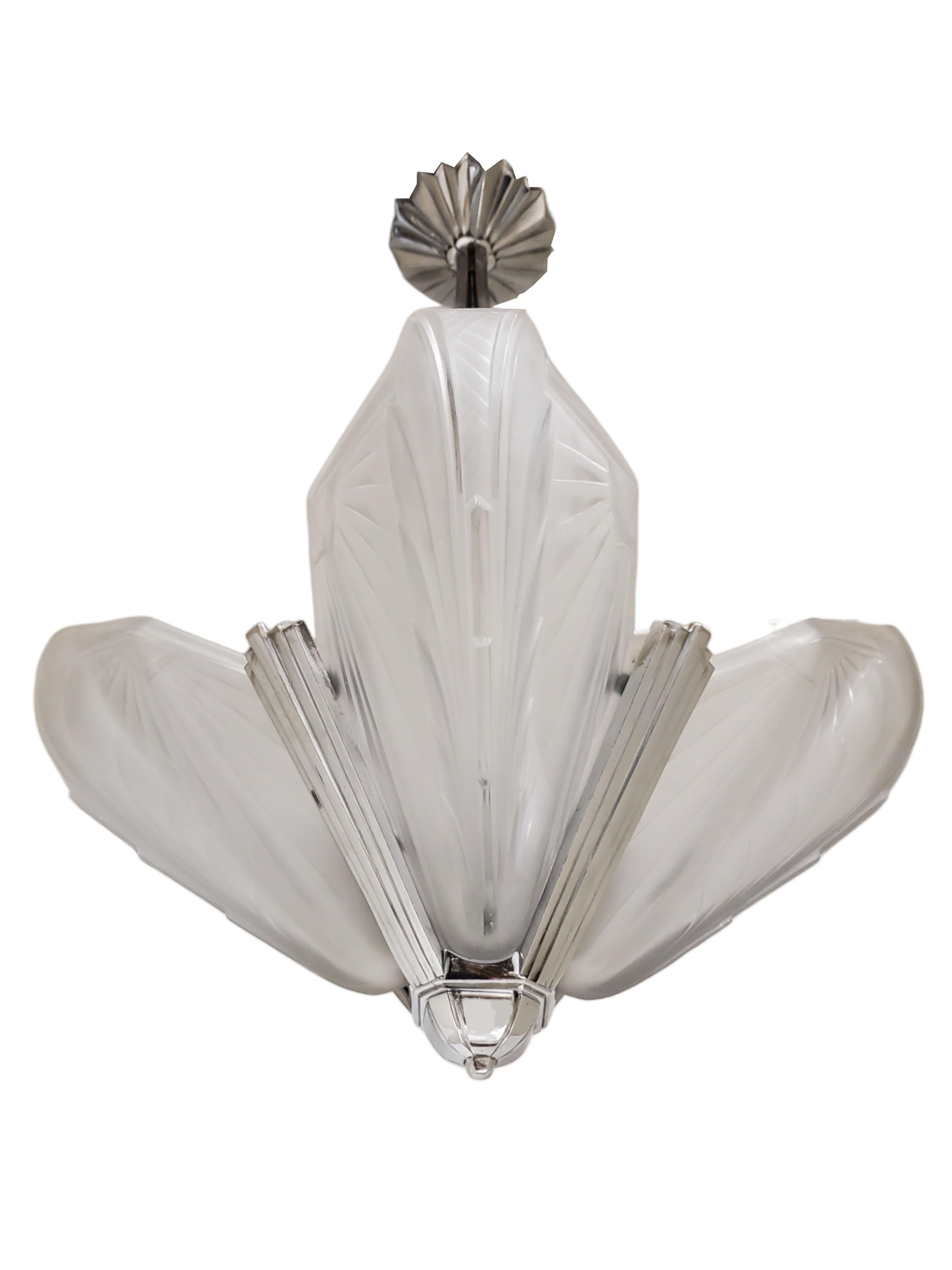 20th Century Original French Art Deco frosted art glass blossom chandelier signed EJG France  For Sale