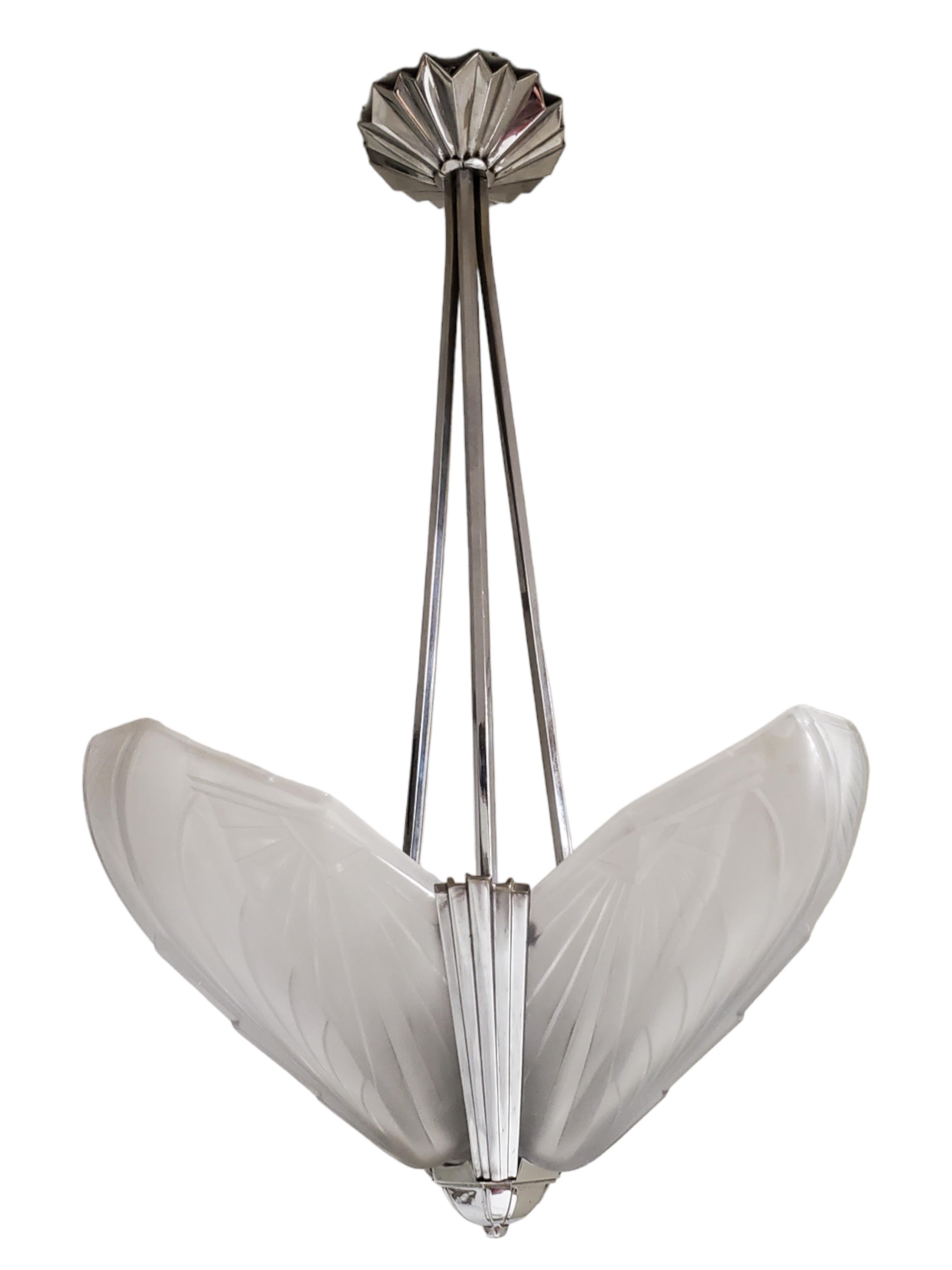 Nickel Original French Art Deco frosted art glass blossom chandelier signed EJG France  For Sale