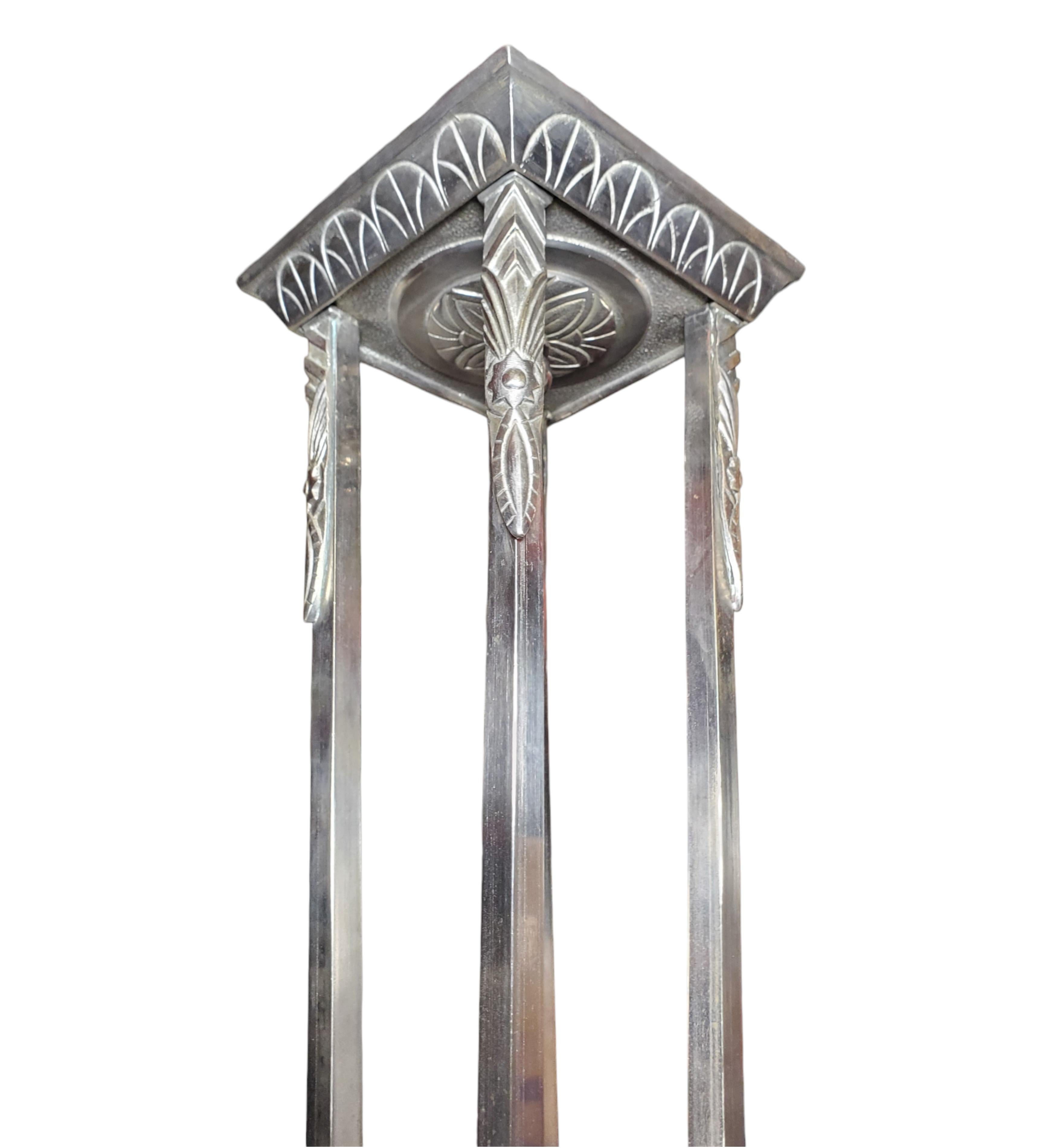 Original French Art Deco frosted art glass nickel bronze chandelier by Frontisi 10