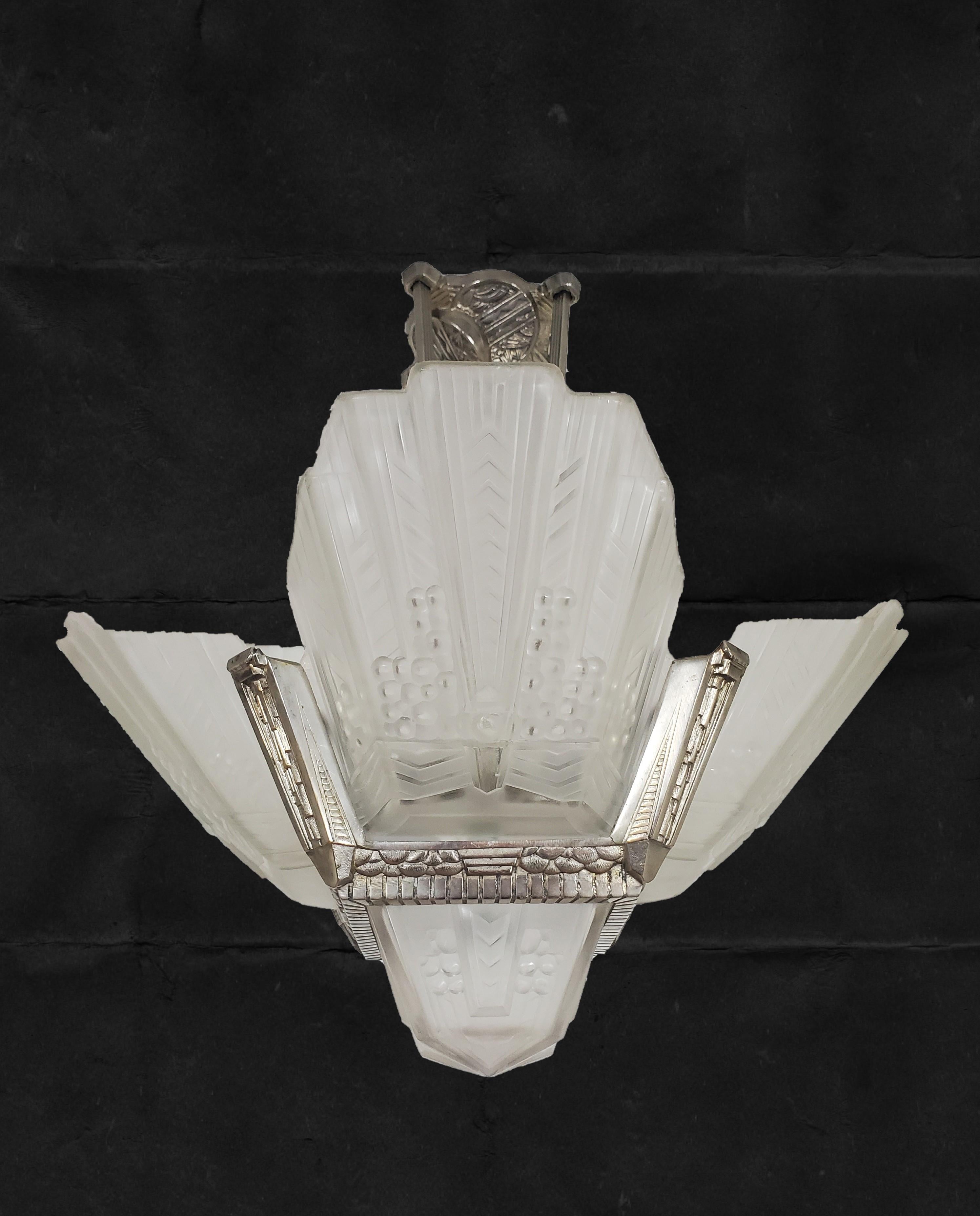Original French Art Deco Frosted Art Glass + nickeled bronze chandelier, EJ G For Sale 9