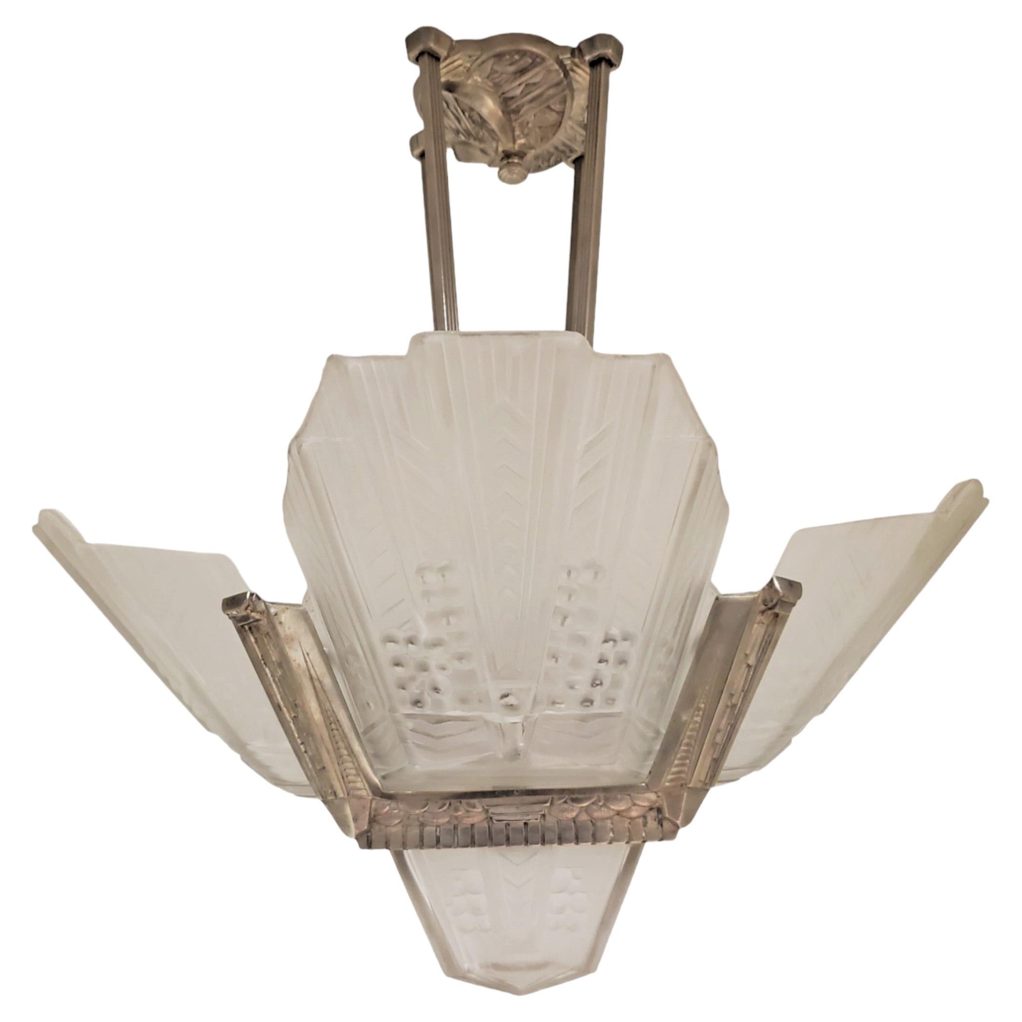 Original French Art Deco Frosted Art Glass + nickeled bronze chandelier, EJ G For Sale 11