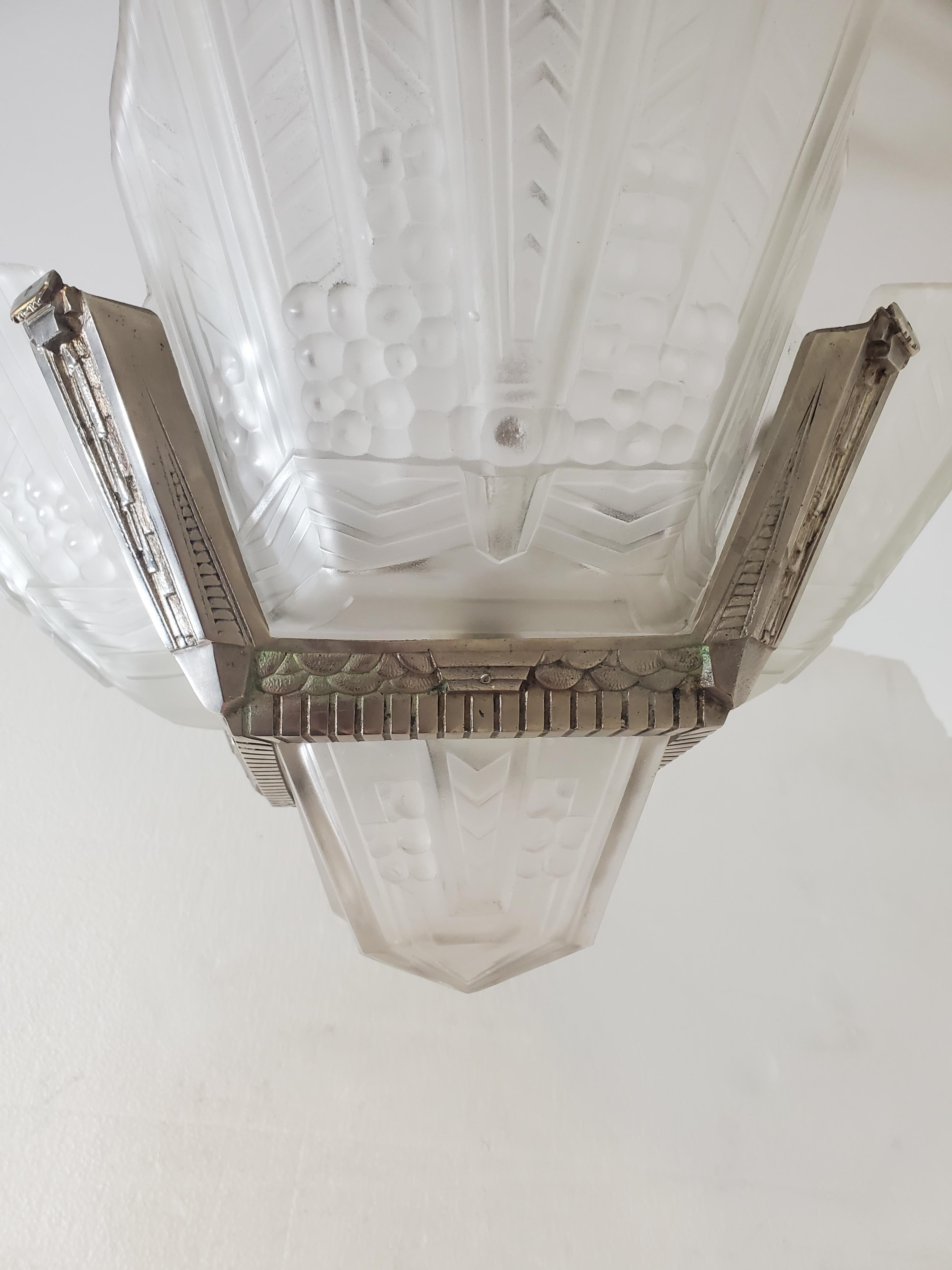 Original French Art Deco Frosted Art Glass + nickeled bronze chandelier, EJ G For Sale 13