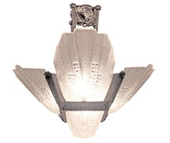 Original French Art Deco Frosted Art Glass + nickeled bronze chandelier, EJ G