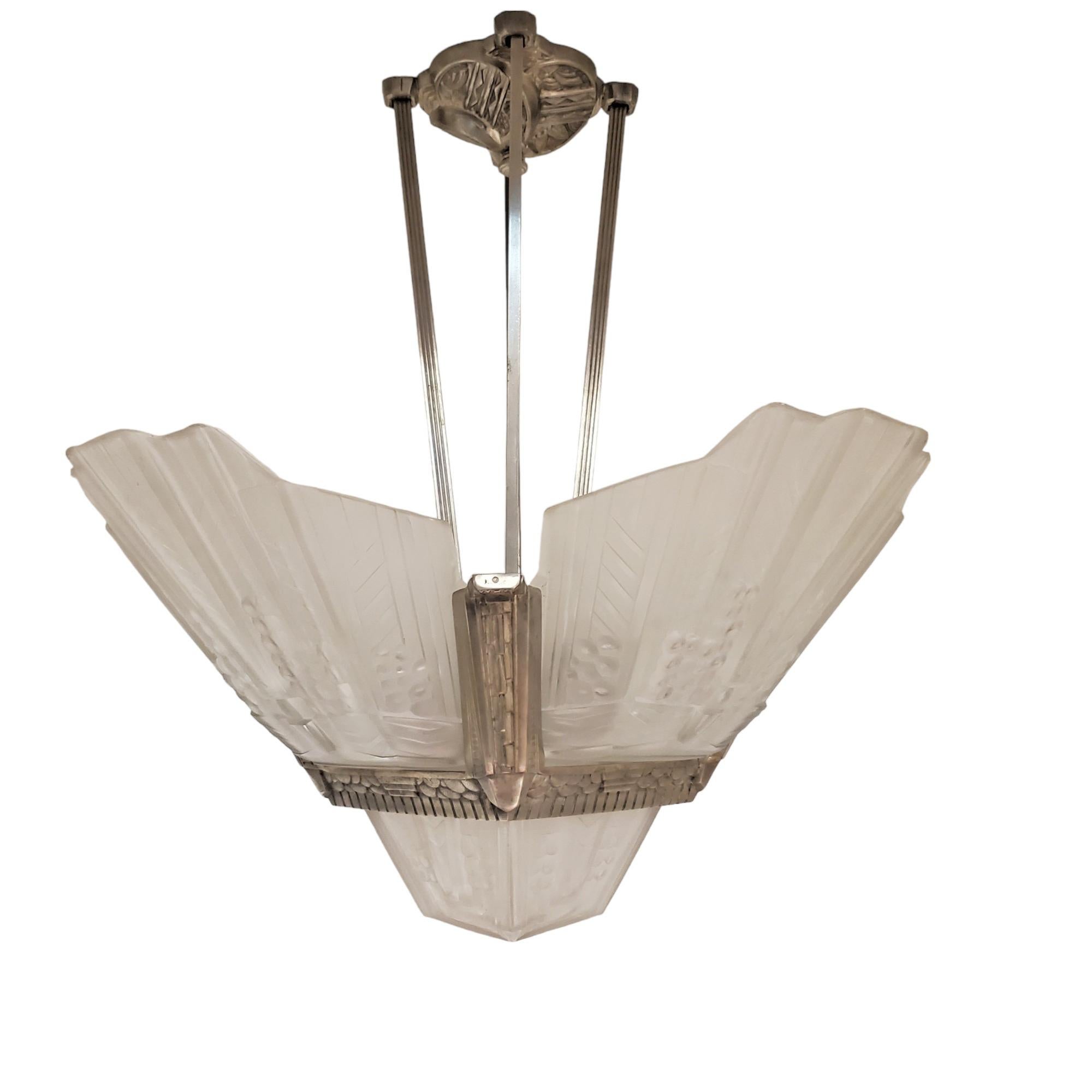 Original French Art Deco Frosted Art Glass + nickeled bronze chandelier, EJ G In Good Condition For Sale In New York City, NY
