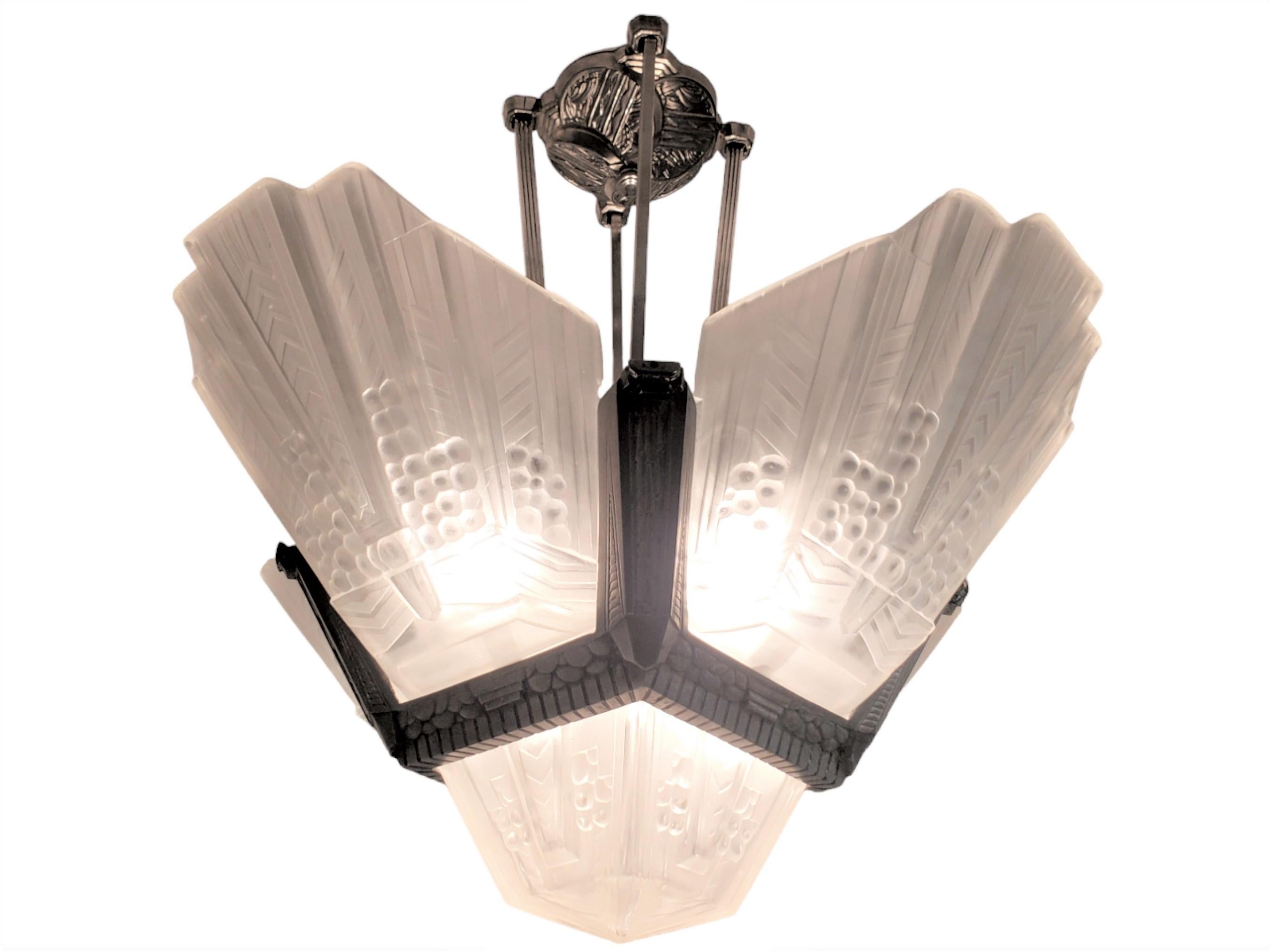 Original French Art Deco Frosted Art Glass + nickeled bronze chandelier, EJ G For Sale 2